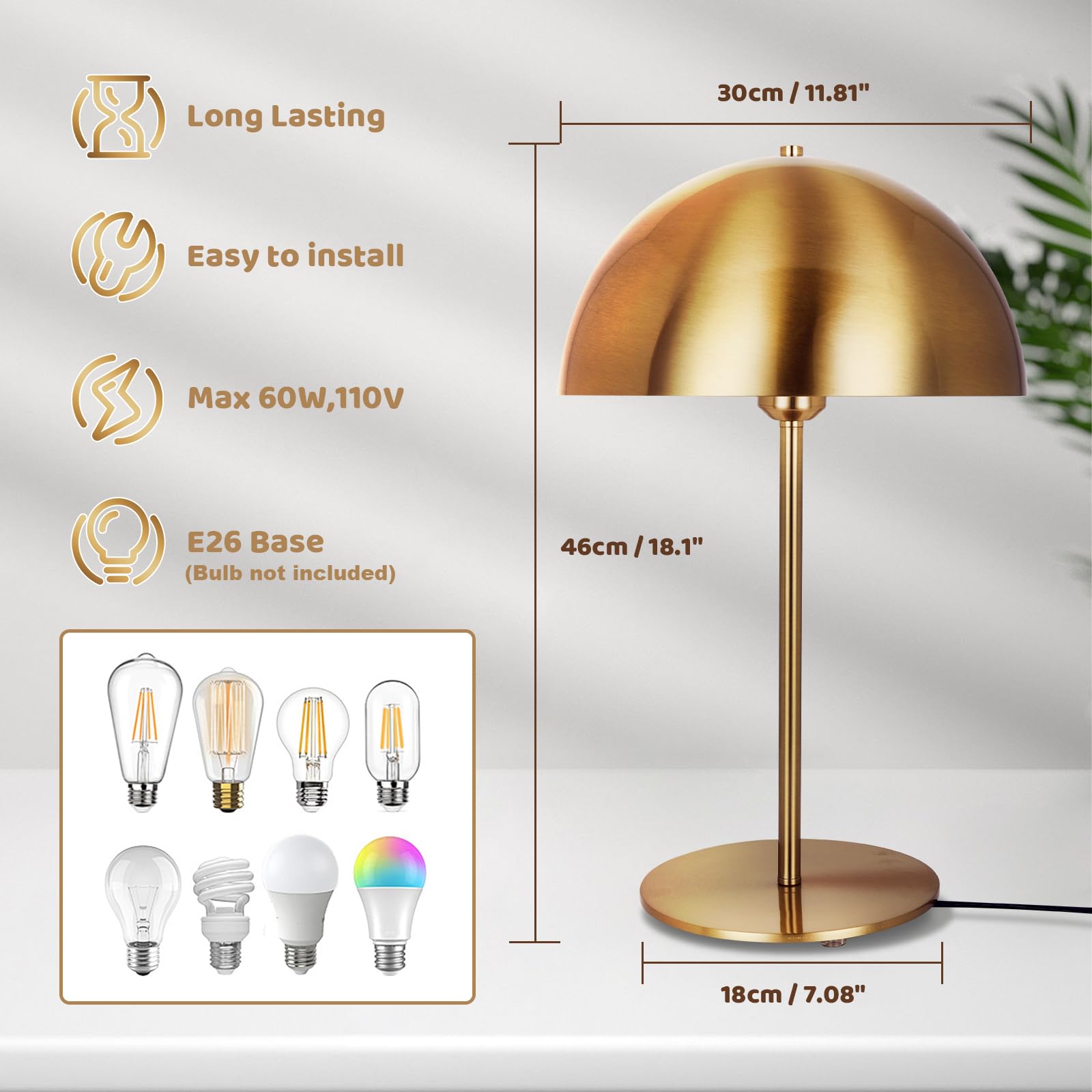 Mid Century Modern Mushroom Table Lamp - Art Deco Dome Desk Lamp with Gold Finish for Bedroom, Living Room & Nightstand | Plug-In Contemporary Lighting for Home Office, Reading Nook & Cozy Spaces