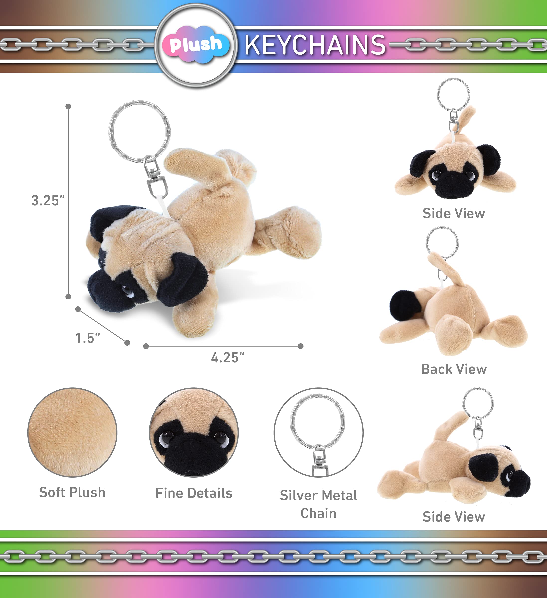 DolliBu Soft Brown Pug Dog Plush Keychain - 4.25 Inch Cute Stuffed Animal Toy & Decorative Keyring Accessory | Perfect for Backpacks, Gifts, Pet Lovers & Kawaii Decor