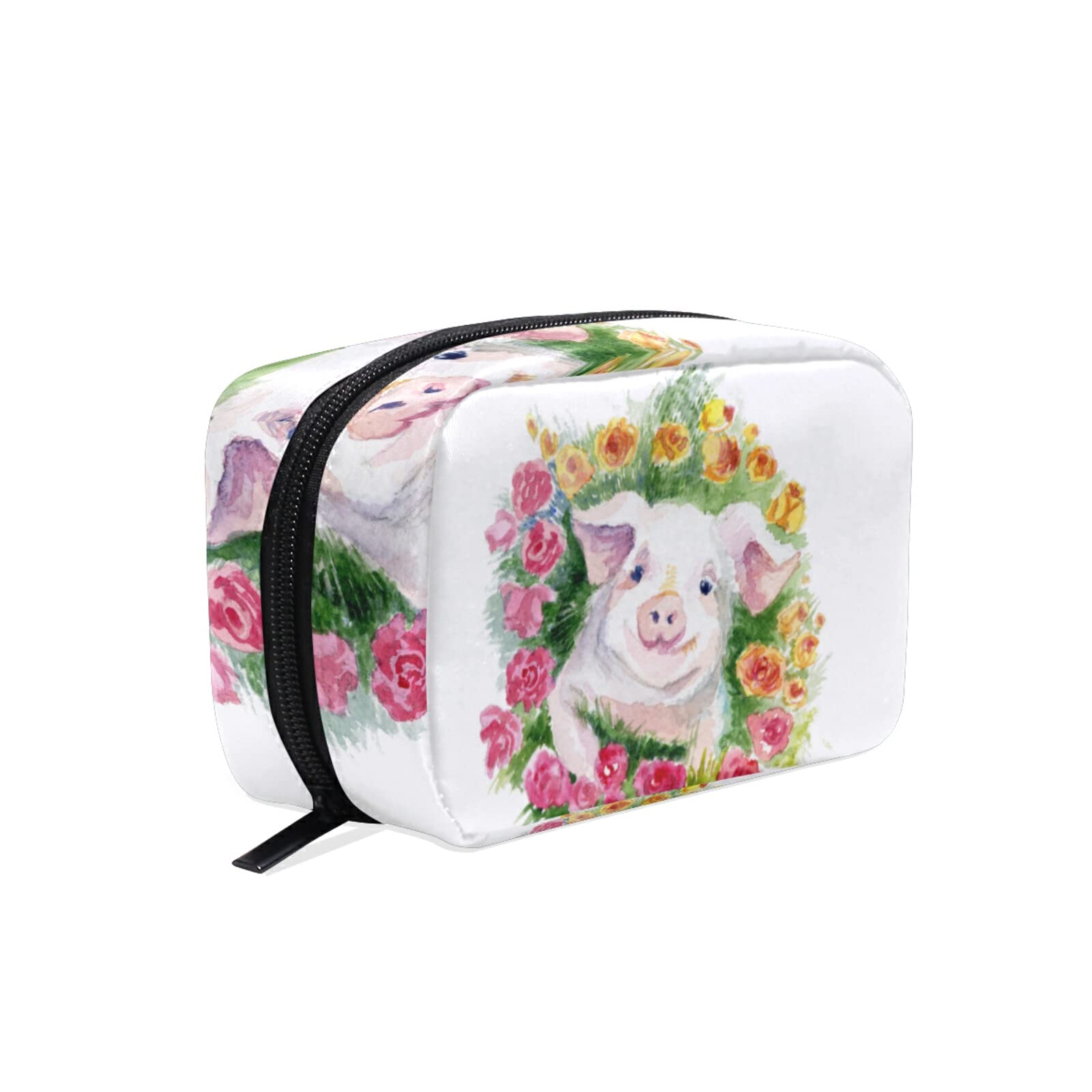 Pink Floral Pig Print Zippered Cosmetic Bag for Women - Waterproof Makeup Pouch for Travel, Gym & Daily Essentials | Cute Toiletry Organizer for Cosmetics, Brushes & Skincare