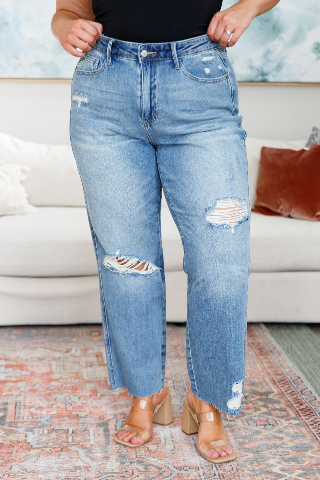 Nora High Rise Rigid Magic Destroy Slim Straight Jeans for Women - Stretch Denim Pants with Comfortable Fit, Perfect for Casual Wear, Office & Night Out