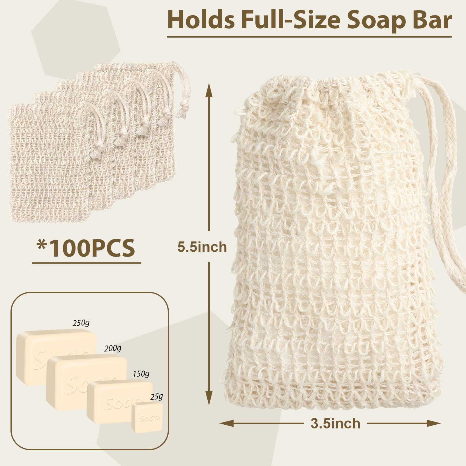 Varku 100 PCS Natural Sisal Soap Saver Bags - Eco-Friendly Cotton-Linen Exfoliating Soap Pouches for Shower, Bath & Travel - Zero Waste Plastic-Free Soap Holder with Drawstring - Perfect for Gentle Exfoliation & Foaming Lather