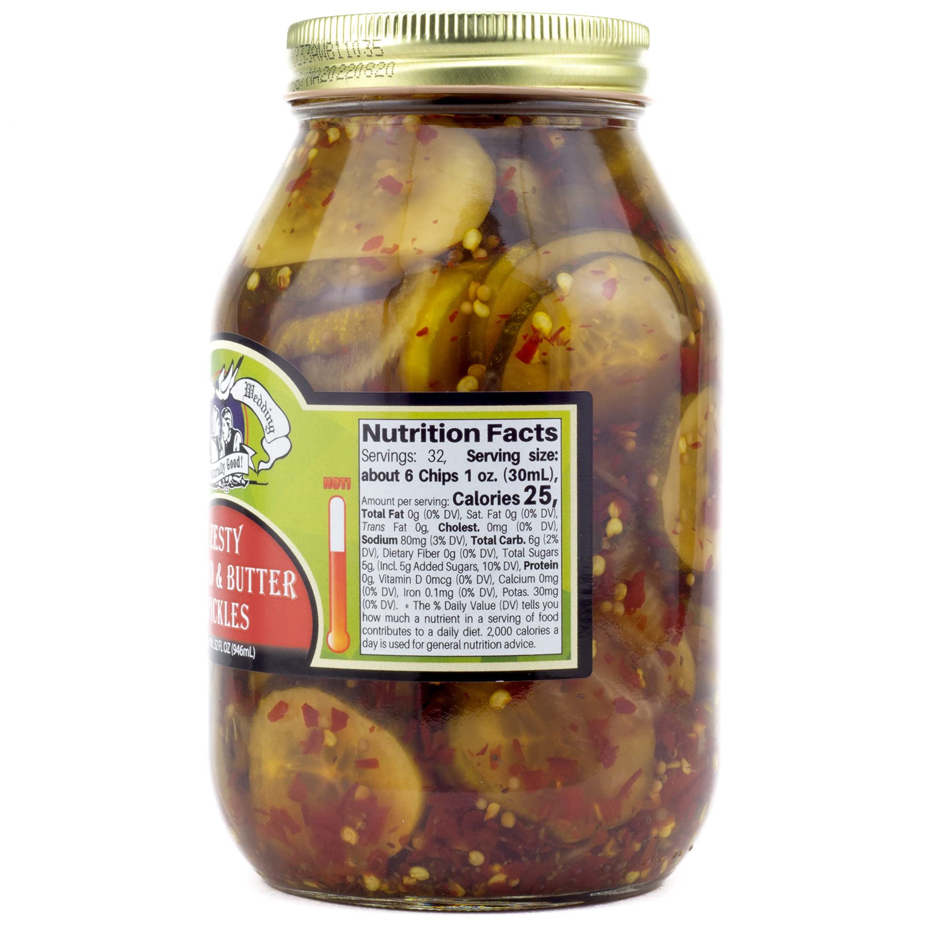 Amish Wedding Zesty Bread & Butter Pickles - Crunchy Sweet & Tangy Pickles in Brine - 32oz Glass Jar - Perfect for Burgers, Sandwiches & Charcuterie Boards