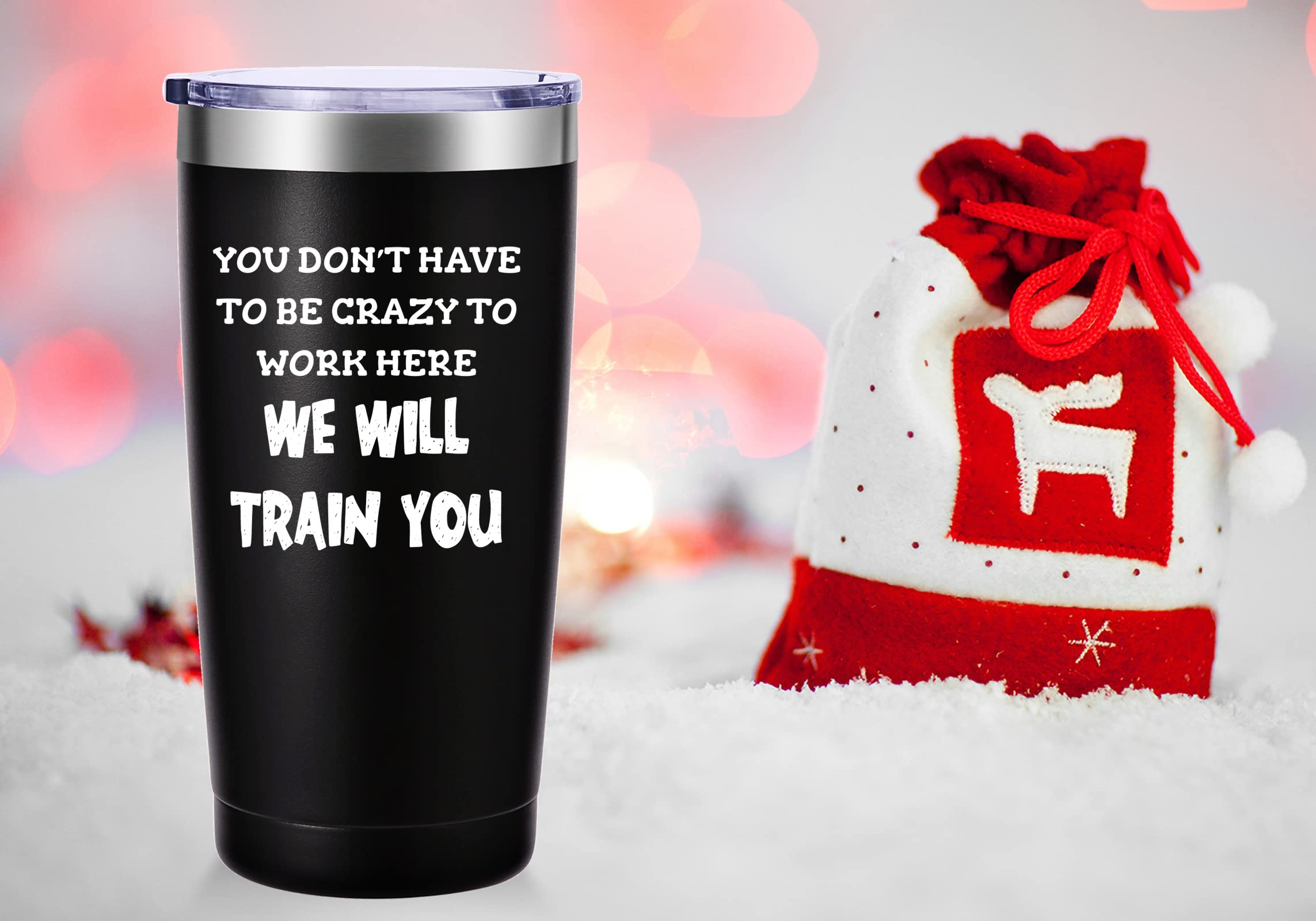 Funny 'You Don't Have To Be Crazy To Work Here' Travel Mug - 20oz Black Insulated Tumbler for Coffee & Tea | Perfect Office Gift for Coworkers, Boss, Employees | Great Birthday & Christmas Gift for Men & Women | Ideal for Workplace, Commuting & Home Use