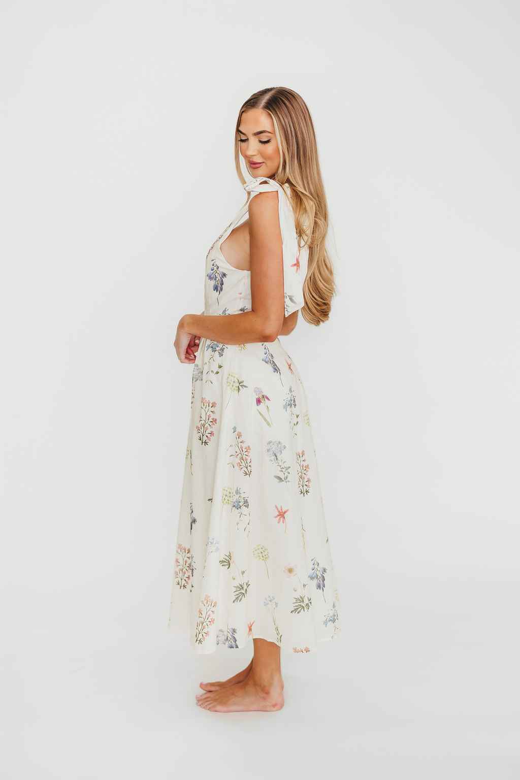 Fawna Floral Midi Dress in Cream - Elegant Floral Print Summer Dress for Women | Perfect for Weddings, Garden Parties & Date Nights
