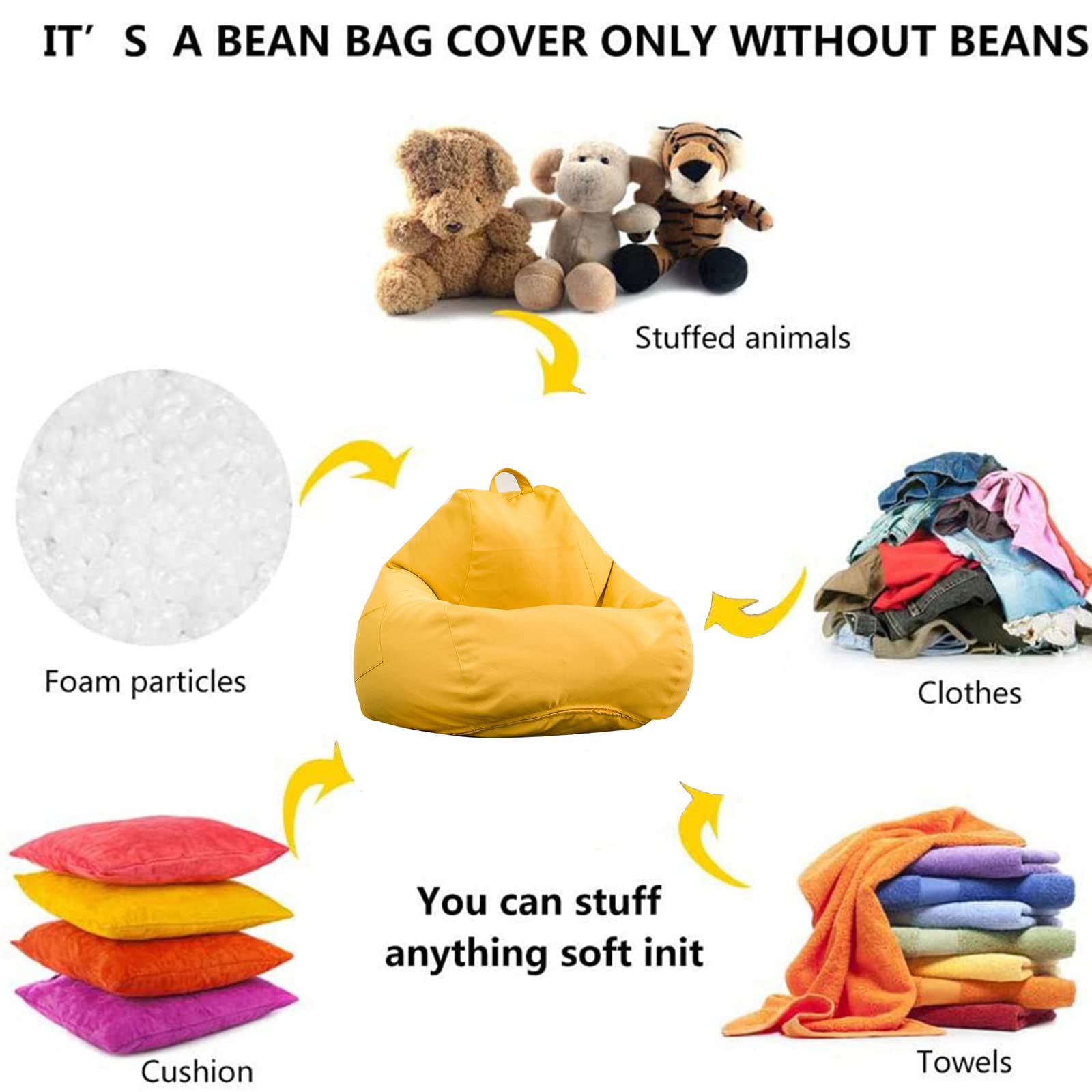 Premium Bean Bag Chair Cover (No Filler Included) - 110x130cm Soft Sofa Slipcover for Adults & Kids - Stuffed Animal Storage Organizer with Matching Footstool - Chrome Fabric - Perfect for Living Rooms, Dorms & Playrooms