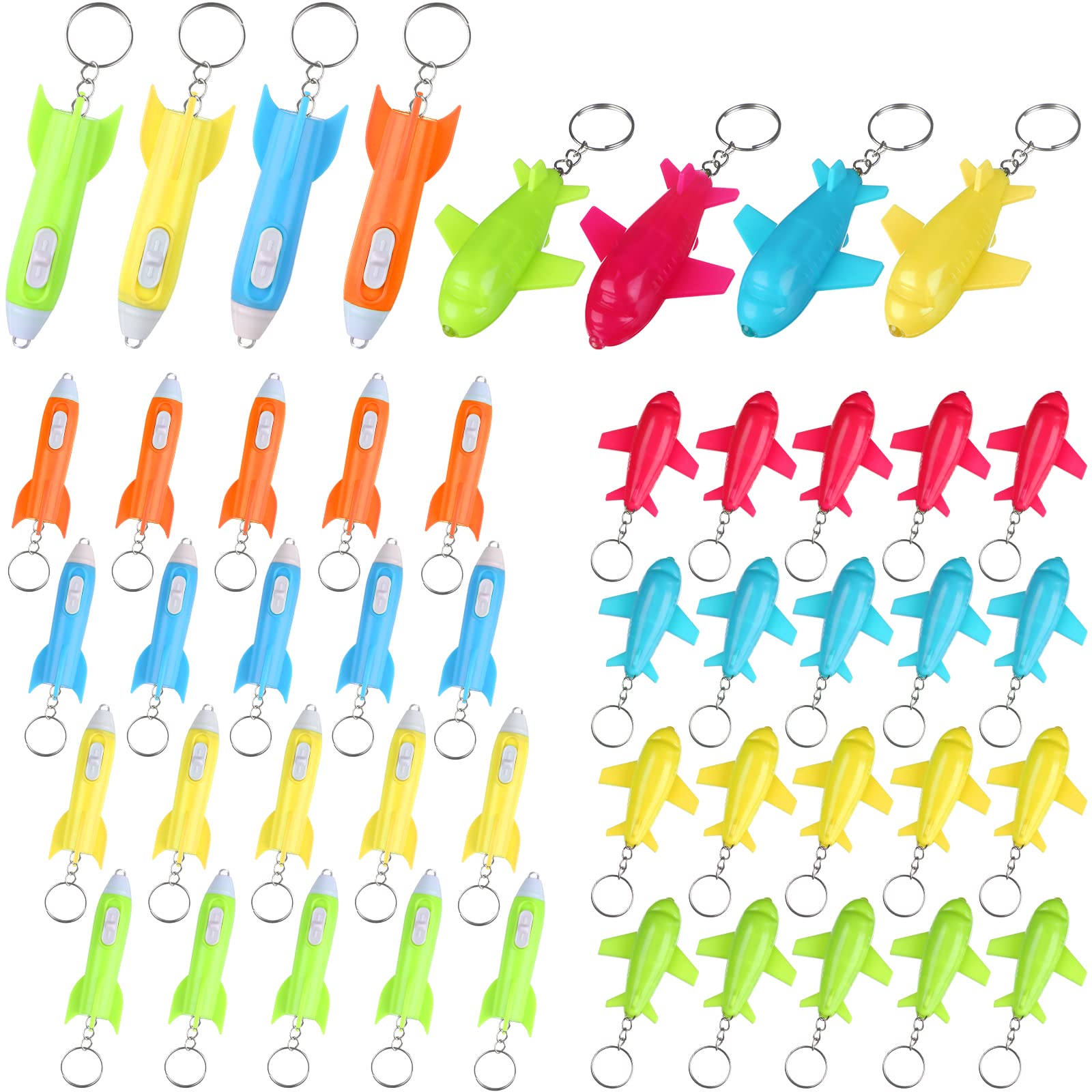 48 Pcs Mini LED Flashlight Keychain - Helicopter, Rocket & Plane Designs - Bulk Outer Space Themed Party Favors for Kids - Perfect for Birthday Gifts, Camping Gear & Emergency Kits