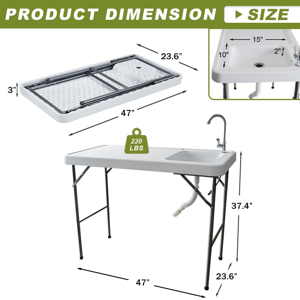 4ft Portable Folding Table with Sink & Faucet - White Outdoor Camping Kitchen Table for Picnic, Fishing, Garden Cleaning & RV Use