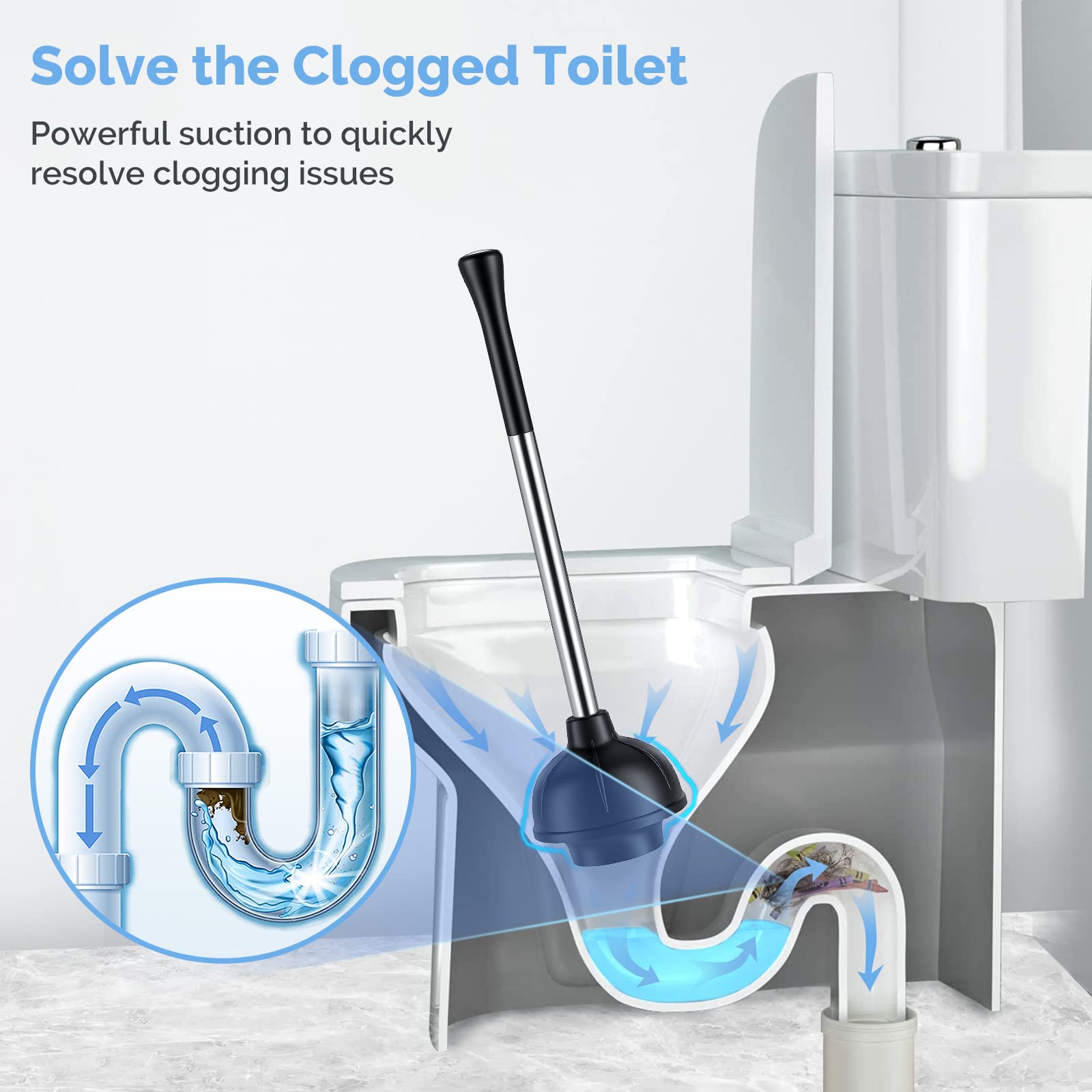 HAMITOR 2-in-1 Toilet Plunger & Brush Set - Heavy Duty Stainless Steel Bathroom Cleaner for Clog Removal & Scrubbing
