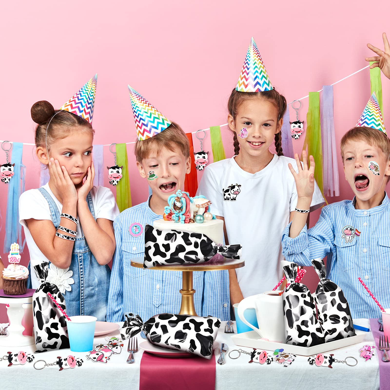 Chunful 148 Pcs Cow-Themed Party Favors Kit - Includes Cute Cow Keychains, Printed Gift Bags, Silicone Bracelets & Animal Stickers for Girls Birthday Party, Baby Shower & Cowboy Theme Events (White)