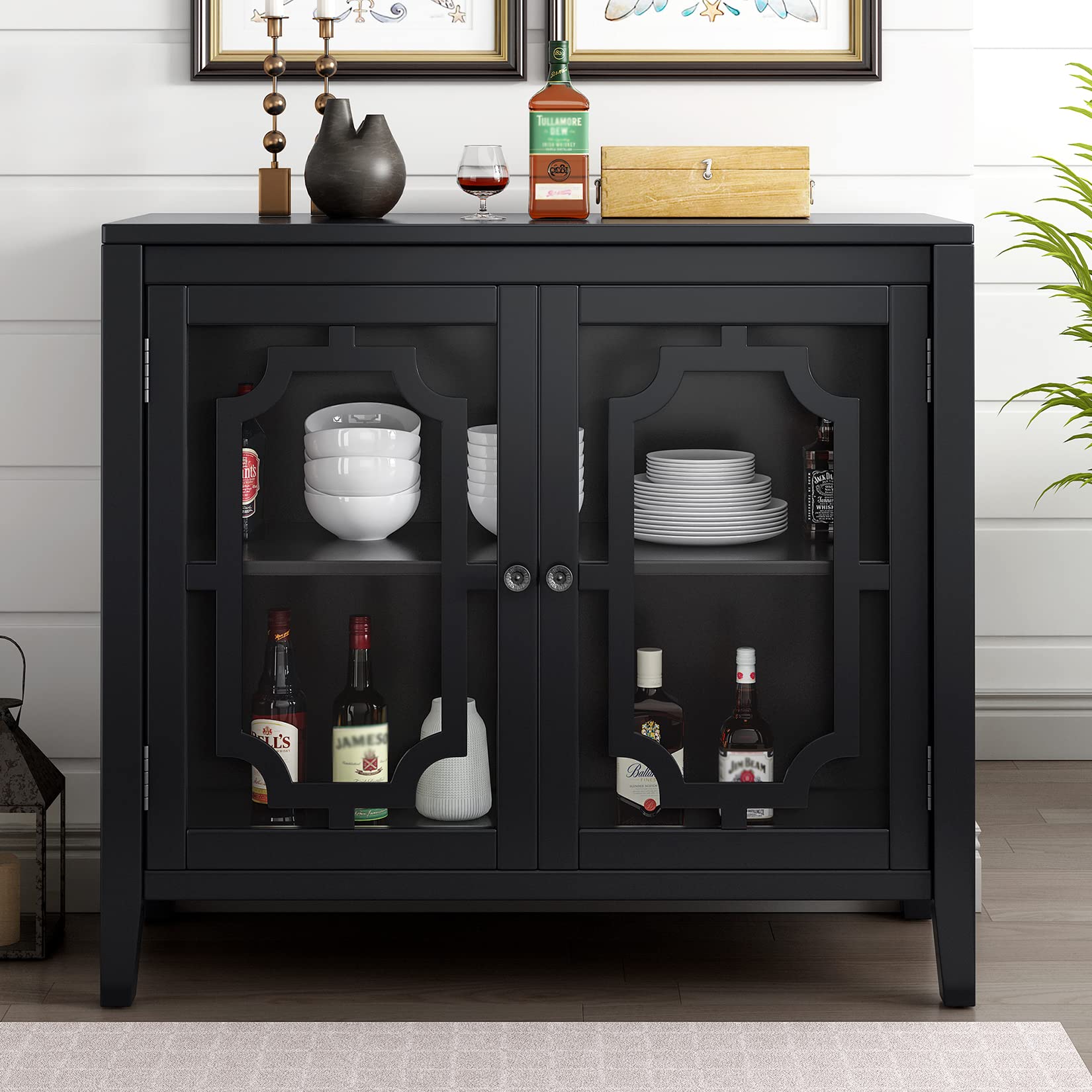 Vintage Wooden Accent Storage Cabinet - Farmhouse Buffet Sideboard with Decorative Doors, Multi-Functional Console Table for Entryway, Living Room, Bedroom & Hallway - Perfect for Home Organization & Stylish Decor - Black