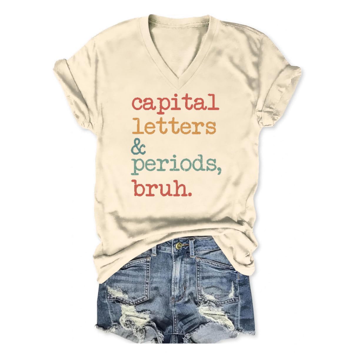 Funny Teacher Life Graphic T-Shirt for Women - Capital Letters & Periods 'Bruh' V-Neck Short Sleeve Tee - Perfect for Classroom, Teacher Appreciation Week & Casual Wear