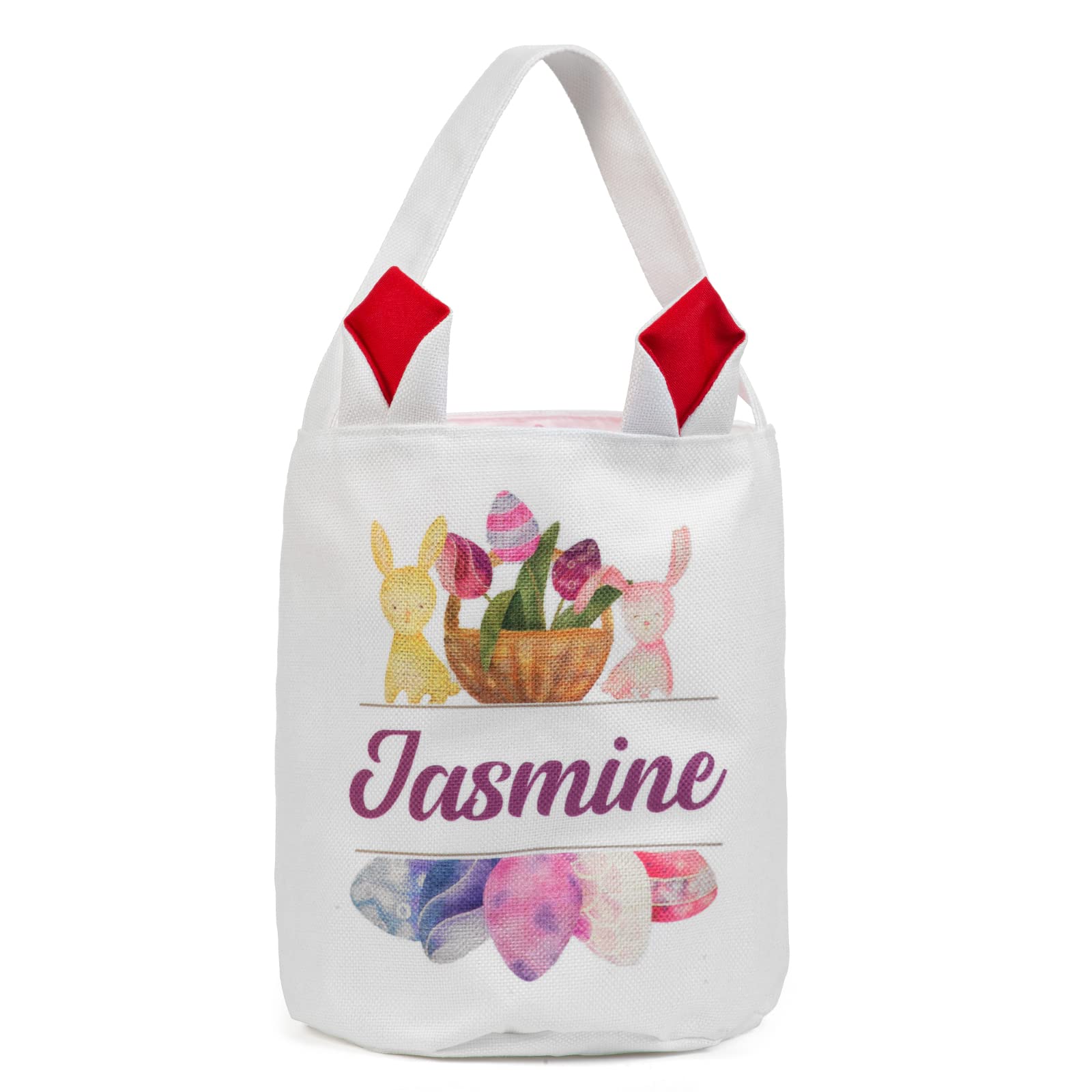 Personalized Easter Bunny Basket Bags with Custom Name - Cute Rabbit Print Candy Egg Buckets for Easter Gifts, Egg Hunts & Spring Decorations