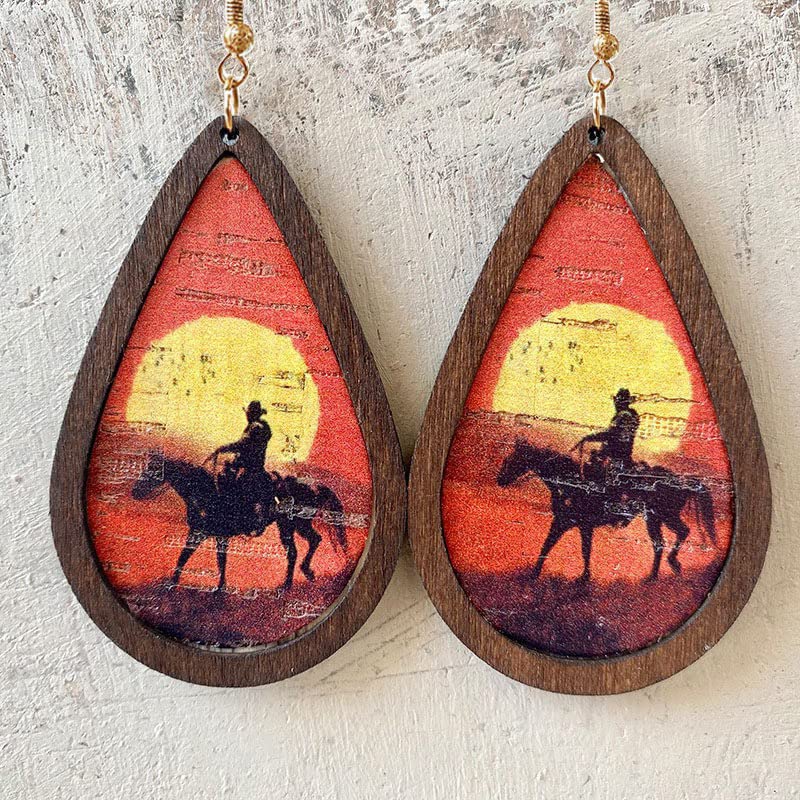 Western Cowgirl Cowboy Earrings Set - Boho Vintage Handmade Turquoise & Leather Dangle Earrings for Women | Cow Print Wood Teardrop Earrings | Perfect for Country Concerts, Rodeos & Boho Fashion