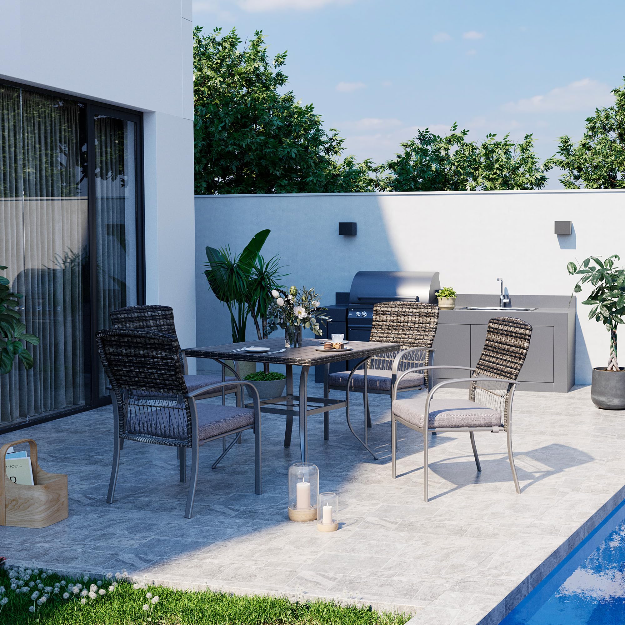 All-Weather Rattan Patio Dining Set for 4 with Umbrella Hole - Gray Outdoor Table & Chairs with Removable Waterproof Cushions, Durable Plastic-Wood Furniture for Backyard, Garden, Poolside or Terrace