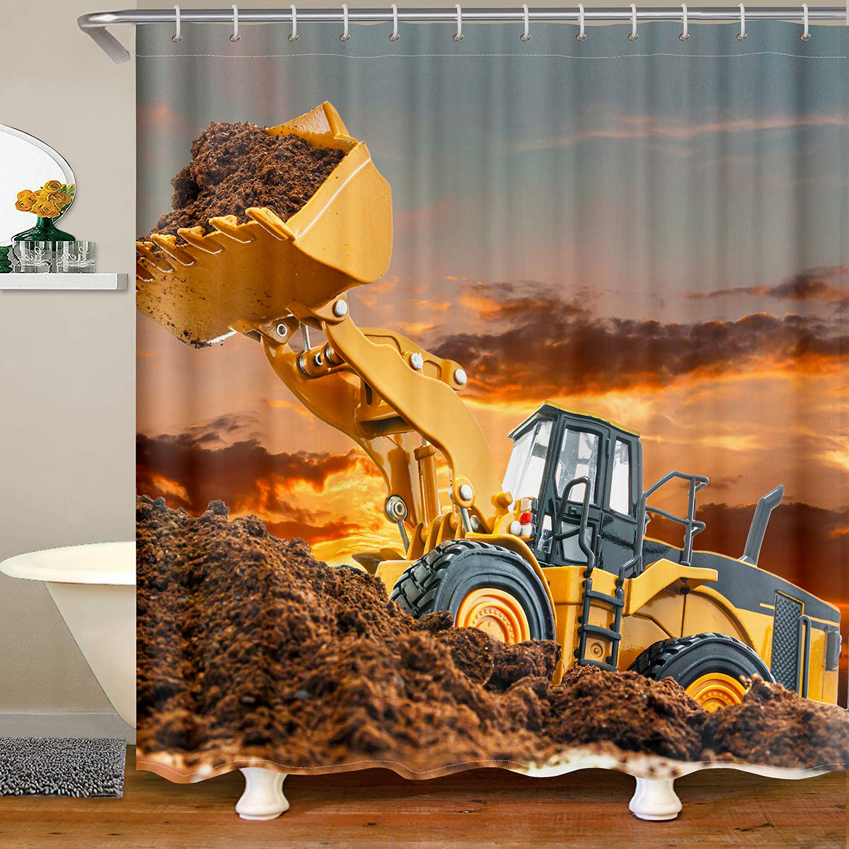 Erosebridal Kids Excavator Bath Shower Curtain - Construction Vehicle Themed Waterproof Washable Shower Curtain for Boys & Girls (72x72 Inches) - Perfect for Kids' Bathrooms, Playrooms & Construction-Themed Decor