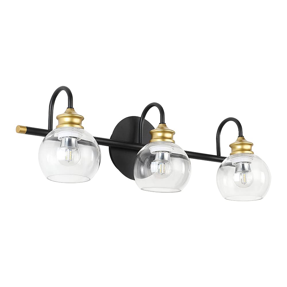 Modern Black & Gold Bathroom Vanity Light Fixture - 3-Light Wall Sconce with Clear Glass Shades for Mirror Lighting | Perfect for Bathroom, Powder Room & Dressing Area Illumination