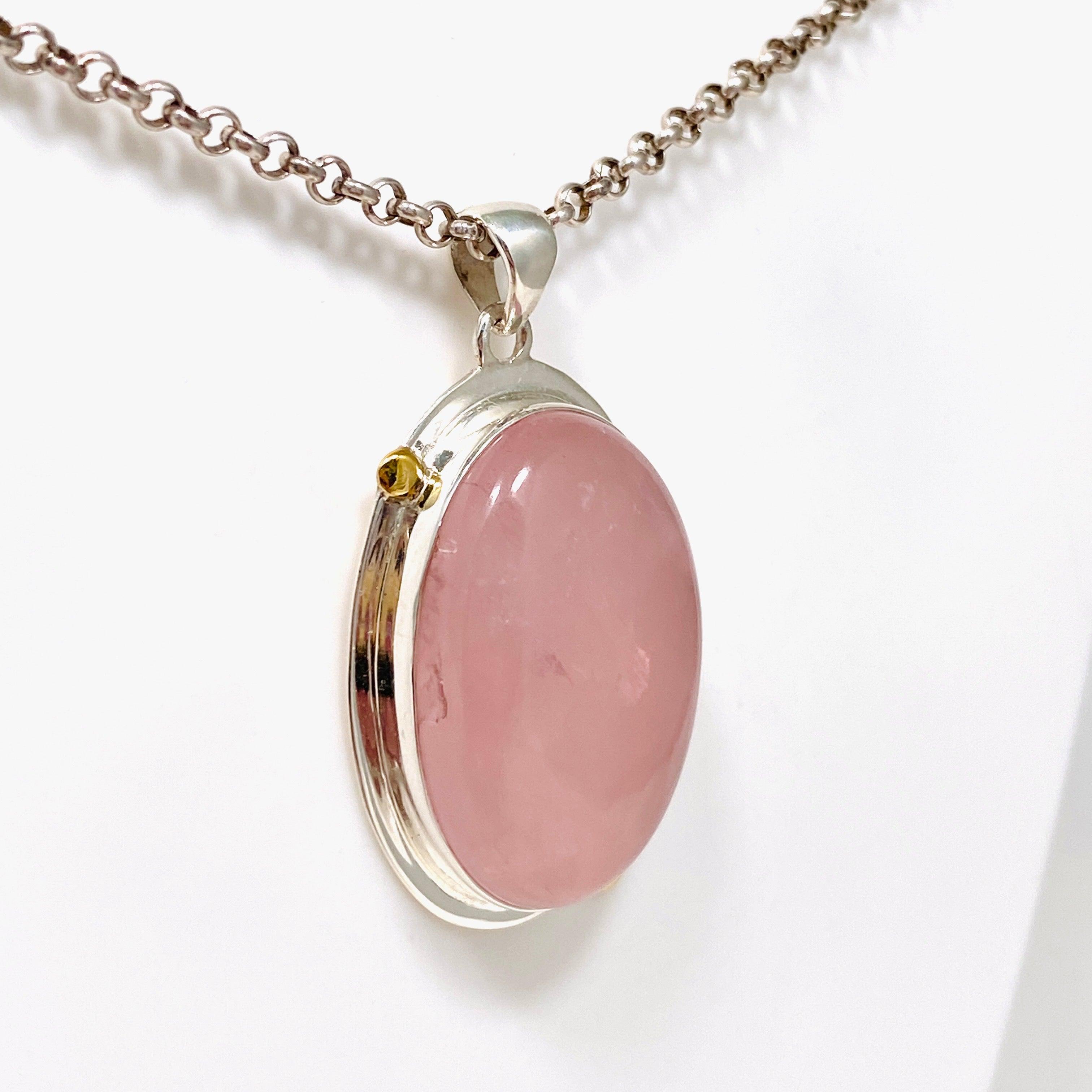 Rose Quartz Oval Pendant Necklace with Brass Accents - KPGJ4312 | Healing Crystal Jewelry for Women, Spiritual Gift & Everyday Elegance