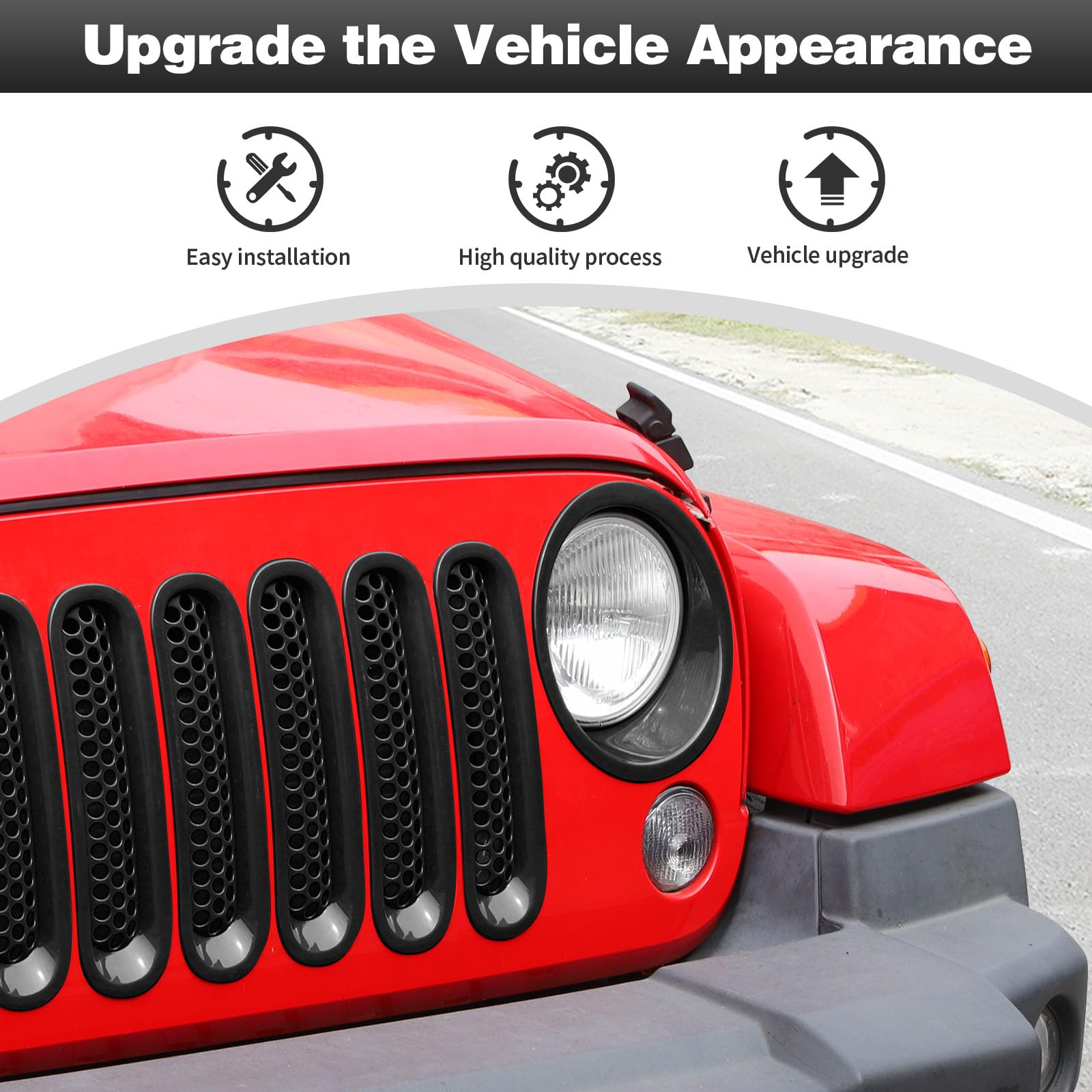 CheroCar Black Mesh Grille Insert & Headlight Cover Trim for Jeep Wrangler JK 2007-2017 - Durable Exterior Accessories for Off-Road & Daily Driving