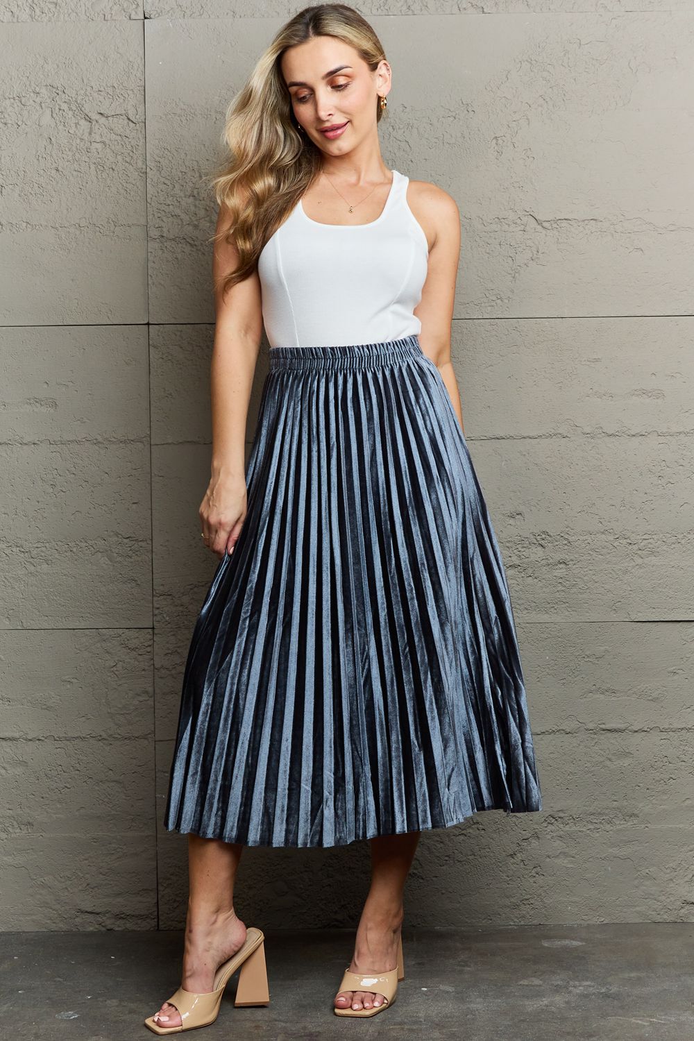 Ninexis Accordion Pleated Flowy Midi Skirt for Women - Elegant A-Line Summer Skirt with Stretchy Waistband | Perfect for Office, Date Night & Casual Outings