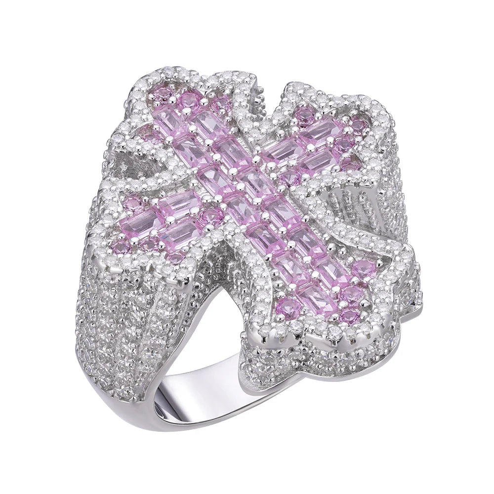 Men's Moissanite Cross Ring with Pink Stone - 925 Sterling Silver Jewelry for Gifts, Weddings & Everyday Wear
