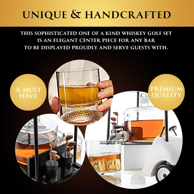 Golf Cart Whiskey Decanter Set with 2 Glasses - 850ml Replica Decanter & 8oz Glasses - Unique Golf Gifts for Men & Women - Perfect for Golf Enthusiasts, Home Bars & Special Occasions