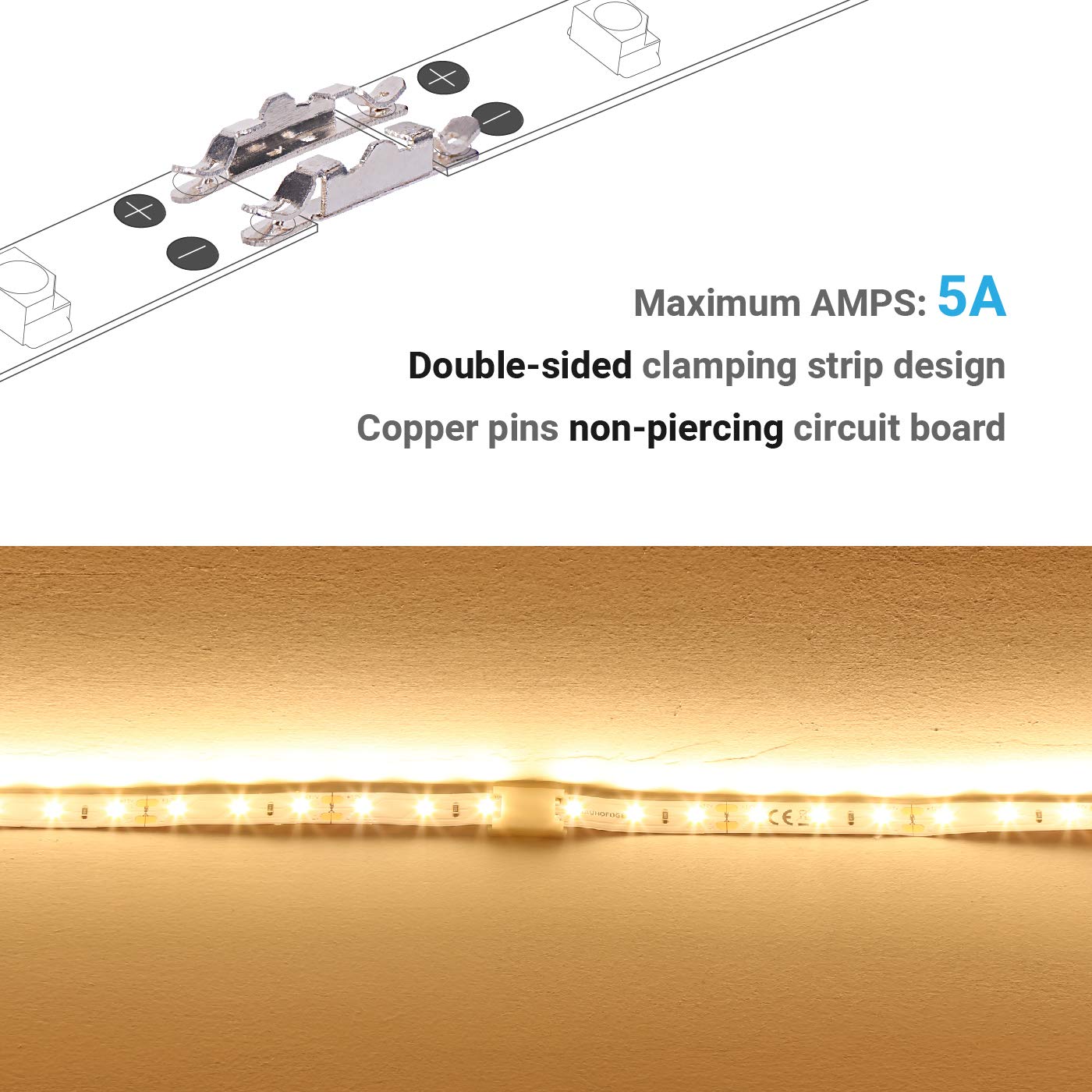 2 Pin 10mm Solderless LED Strip Connector - 10 Pack for Flexible LED Light Strips | Gapless Snap Design, 5A Max Current | Perfect for Home Lighting, DIY Projects & Cabinet Underlighting