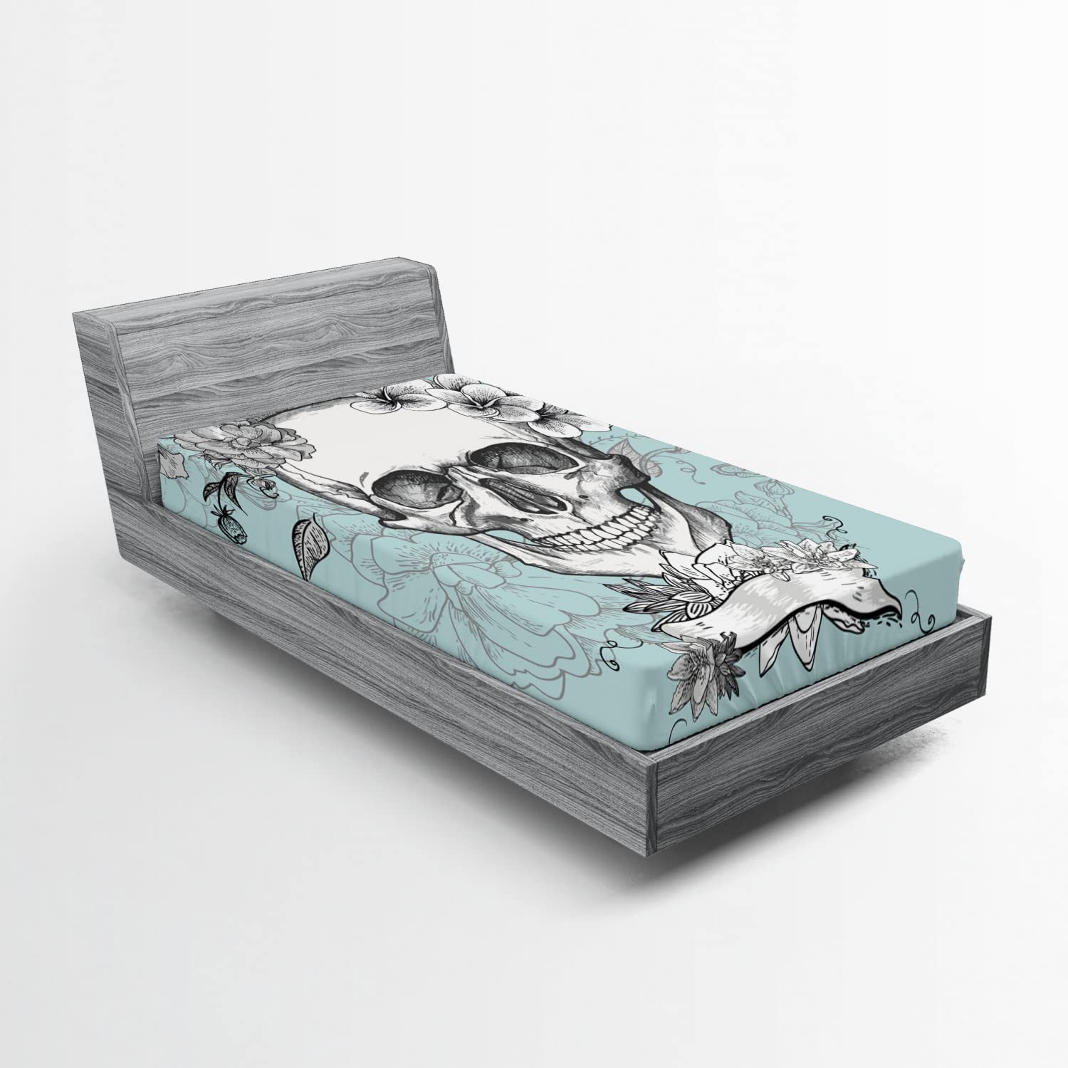 Ambesonne Grunge Fitted Sheet - Skull & Flowers Day of The Dead Mexican Celebration Art, Deep Pocket Elastic Bed Cover for Twin Size (Turquoise White) | Perfect for Halloween, Día de Muertos Decor & Gothic Bedroom Themes