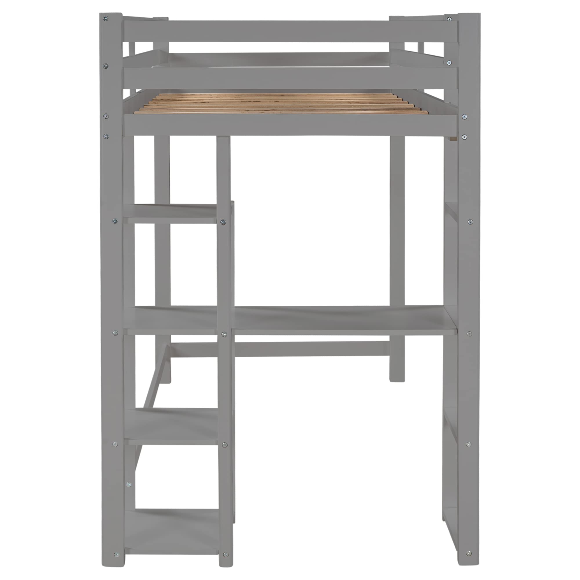 RUNNA Twin Size Loft Bed with Storage Shelves & Under-Bed Desk - Sturdy Wood Loft Bed Frame with Full-Length Guardrail & Built-in Ladder - Space-Saving Kids/Teens/Adults Bedroom Furniture (Gray) - Perfect for Small Rooms, Dorms & Apartments