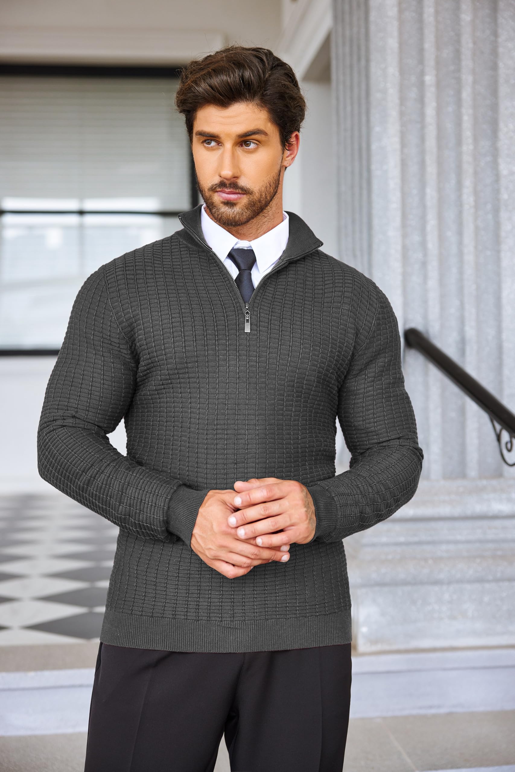 COOFANDY Men's Slim Fit Lightweight Cotton Quarter Zip Pullover Sweater - Mock Neck Casual Knit Top for Fall & Winter Layering