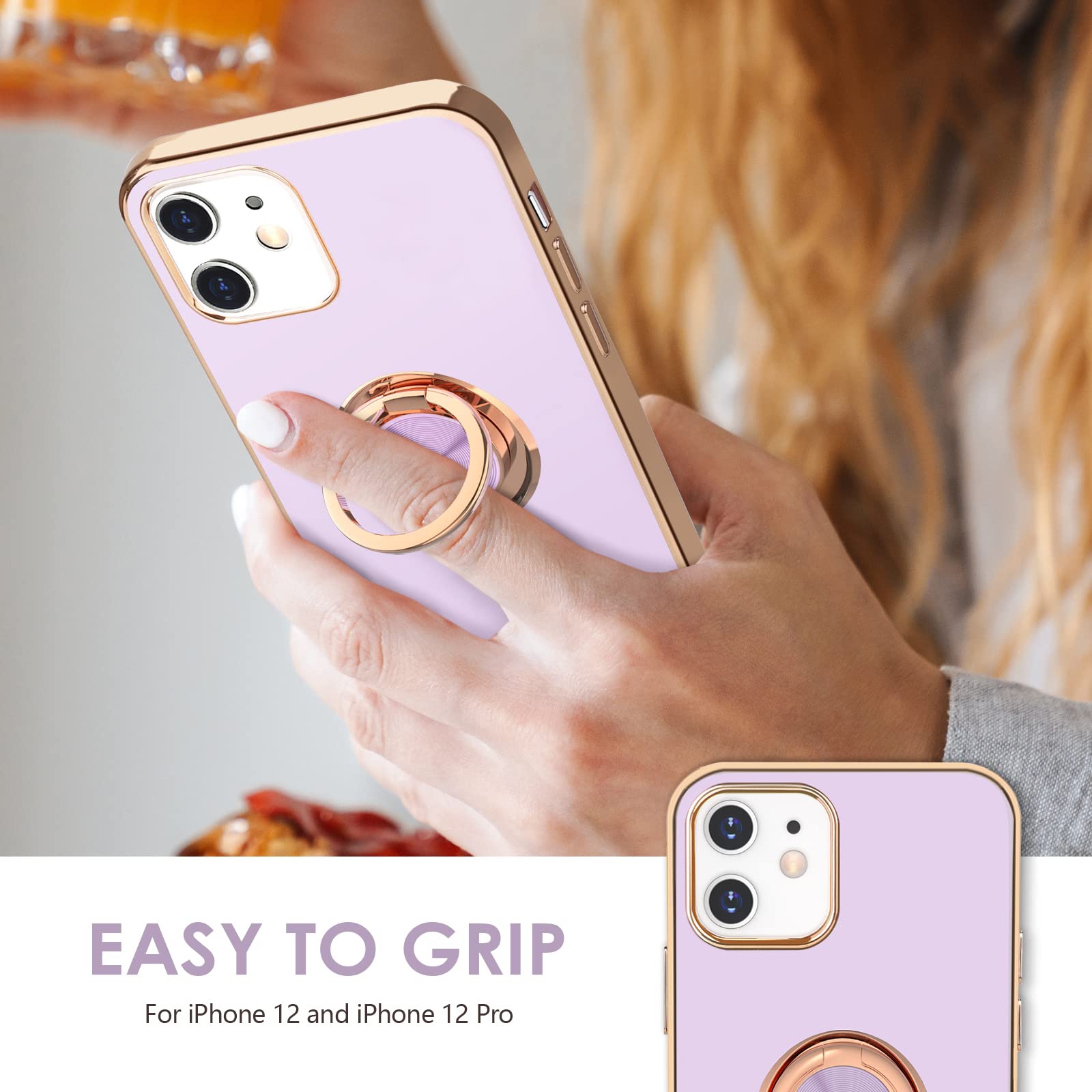 Hython iPhone 12/12 Pro Case with Magnetic Ring Stand - Rose Gold Shockproof Cover for Work & Travel