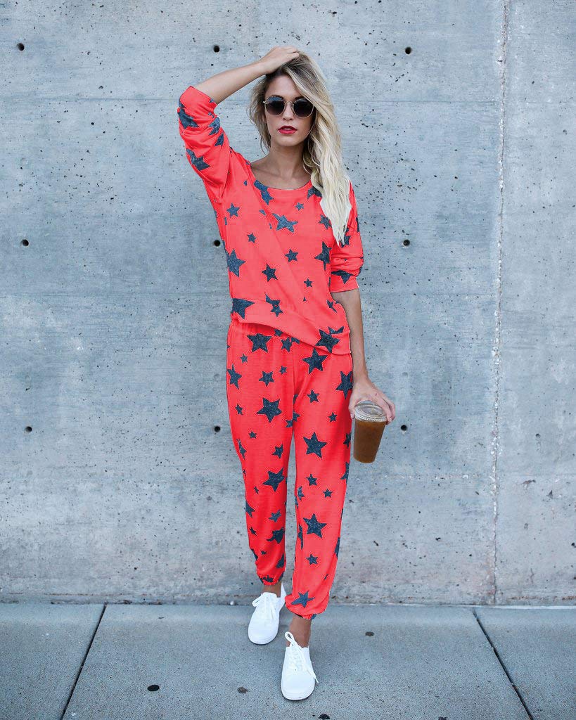 2-Piece Women's Casual Tracksuit Set - Long Sleeve Star Print Sweatshirt & Jogger Pants Outfit | Comfortable Lounge Wear for Yoga, Running & Street Fashion