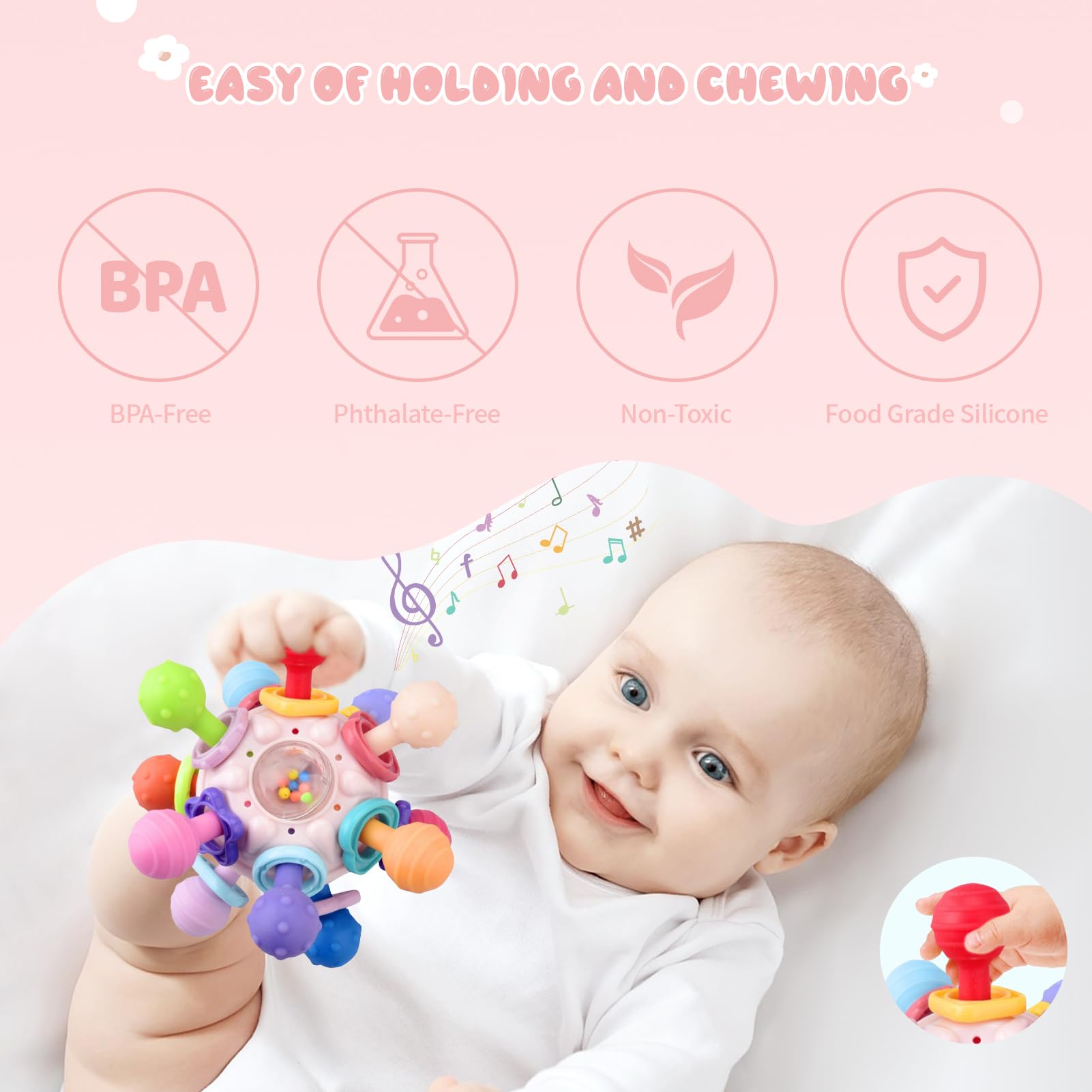 **Organic Baby Teething Toys for 0-18 Months | Montessori Sensory Toys for Infants & Toddlers | Safe Chewable Teethers for Boys & Girls | Newborn Essentials & Baby Shower Gifts (Pink) – Perfect for Soothing Sore Gums & Early Learning Play**