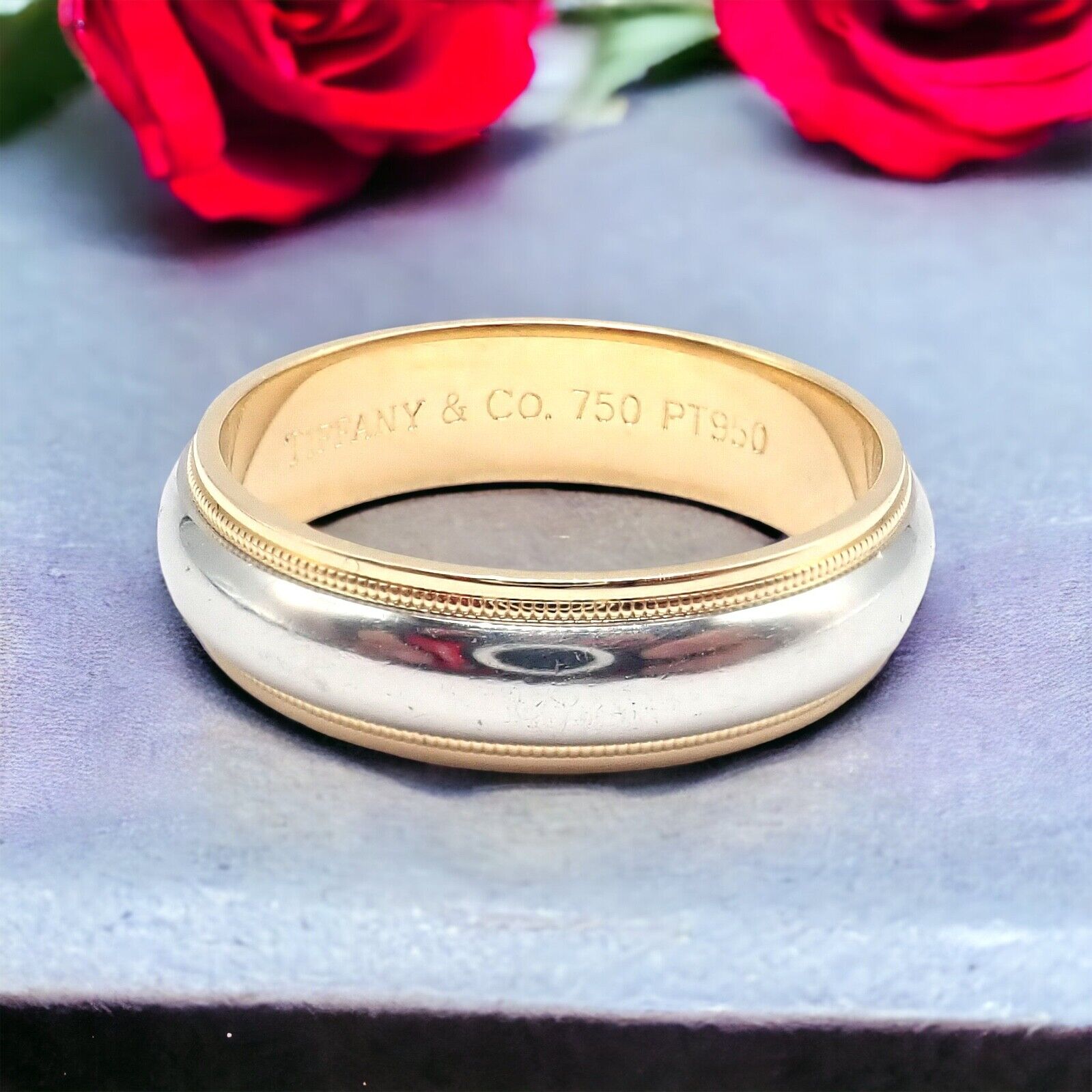 Tiffany & Co. 18k Yellow Gold Platinum 6mm Wedding Band Classic Milgrain Ring Size 10 - Perfect for Engagement, Anniversary & Special Occasion Gifts