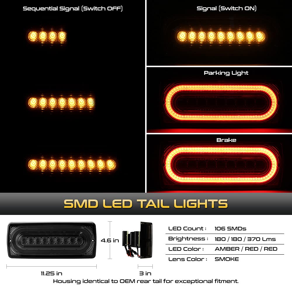Smoked LED Tail Lights for 1999-2018 Mercedes-Benz G-Class W463 (G500 G550 G55 G63 AMG) - Sequential Turn Signals & OLED Neon Tube Design - Left & Right Side Set - Upgrade Your G Wagon for Enhanced Style and Safety