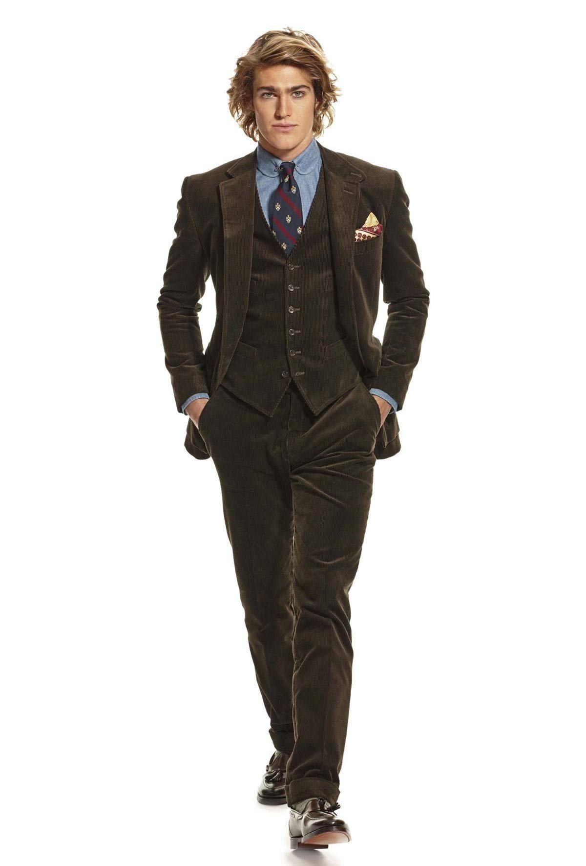 Men's Slim Fit Chocolate Brown Corduroy 3-Piece Tuxedo Suit Set - Jacket, Vest & Pants for Prom, Wedding & Formal Events