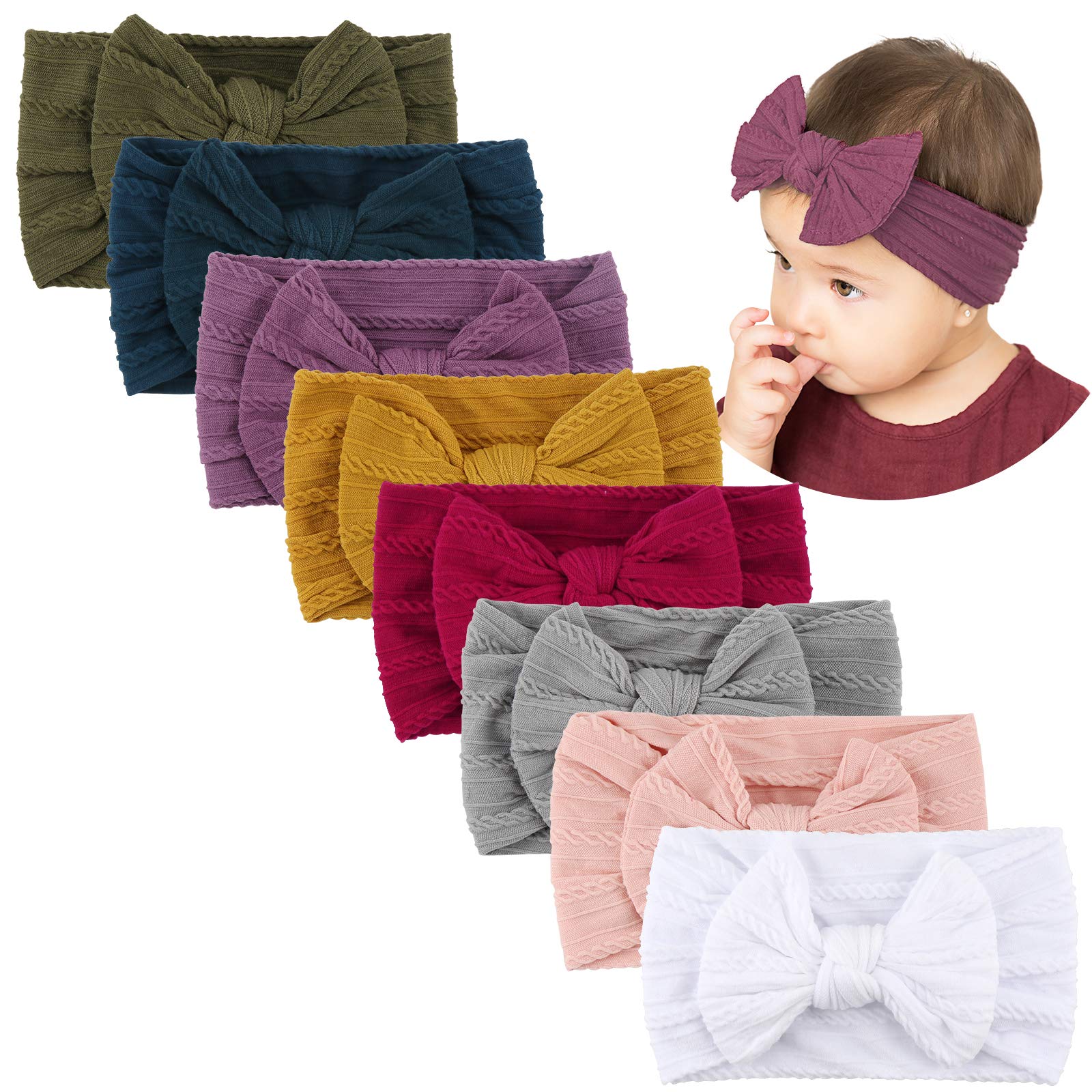 Makone 8PCS Baby Headbands Set - Soft Nylon Hair Bows & Headwraps for Newborn, Infant & Toddler Girls (0-3, 0-6, 6-12 Months) - Perfect for Photoshoots, Birthday Parties & Everyday Outfits
