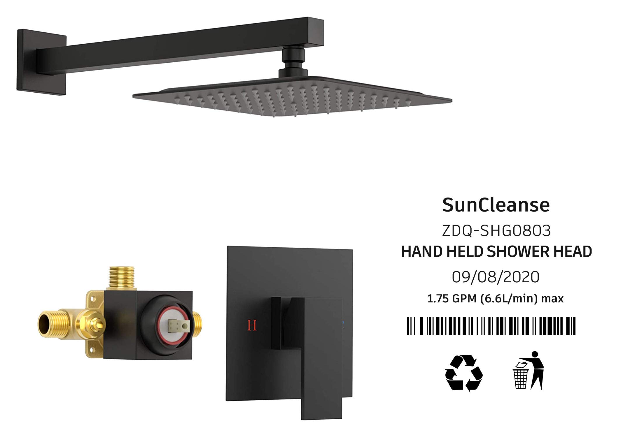 SunCleanse Matte Black Shower Faucet Set with Valve - 8 Inch Square Rainfall Shower Head & Single Handle Trim Kit | Includes Extra Long Shower Arm | Perfect for Modern Bathroom Renovations & Spa-Like Shower Experience