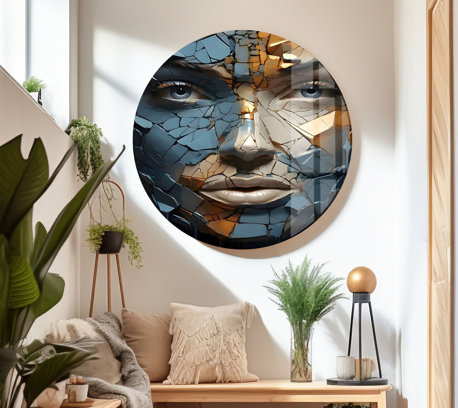 Blue Cracked Design Woman Glass Wall Art - Elegant Home Decor for Living Room, Bedroom & Office - Perfect Gift Idea