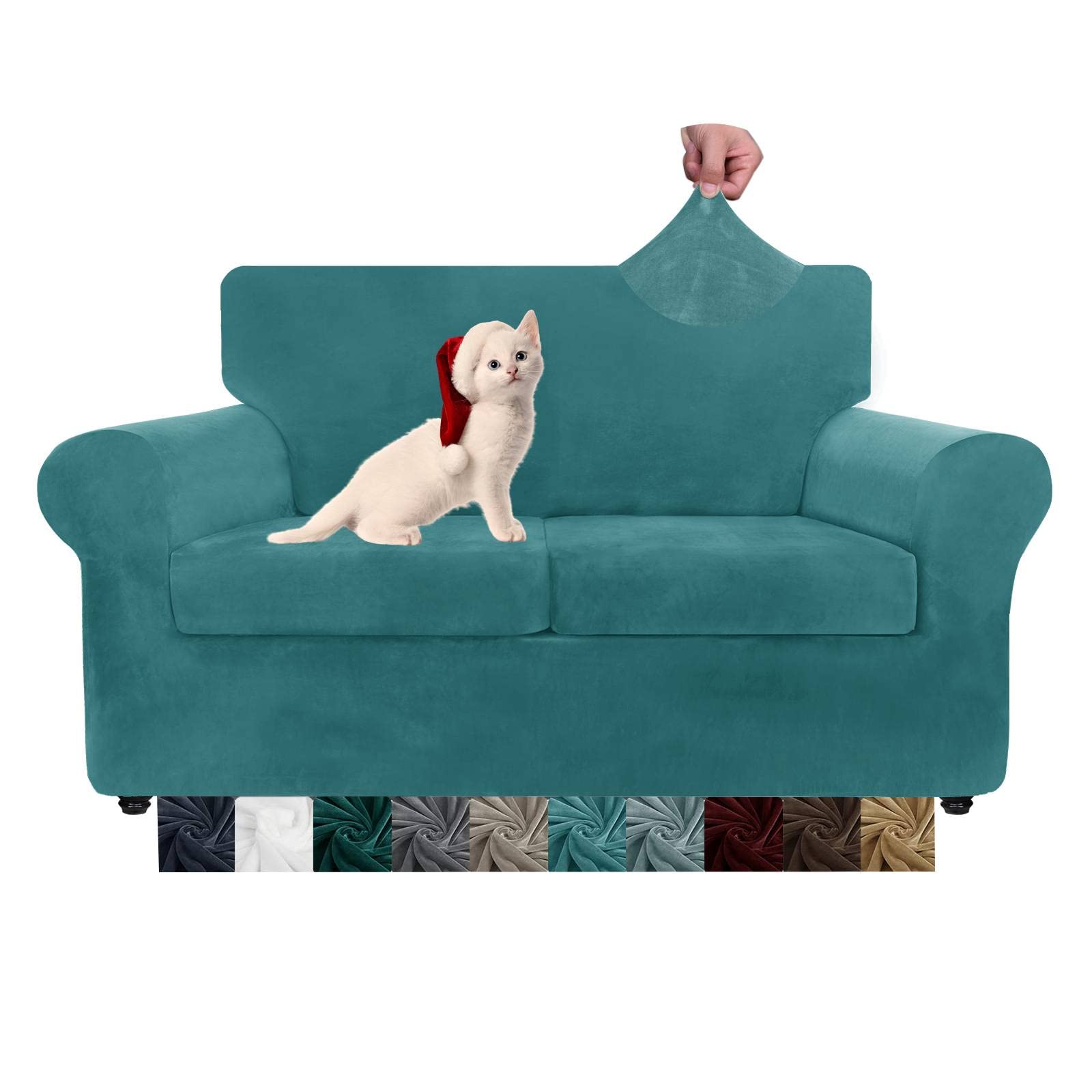 Velvet Plush 3-Piece Stretch Sofa Slipcover Set - Super Soft Anti-Slip Spandex Couch Cover for 2-Cushion Loveseat, Peacock Blue - Perfect for Living Room Furniture Protection & Pet-Friendly Home Decor