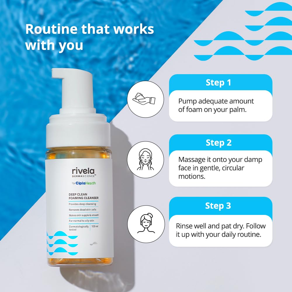 Rivela Dermascience Deep Clean Foaming Facial Cleanser by Cipla - Exfoliating Face Wash for Normal to Oily Skin | Removes Dead Skin Cells, Hydrates & Smooths Skin | 100ml | Perfect for Daily Skincare Routine & Acne-Prone Skin