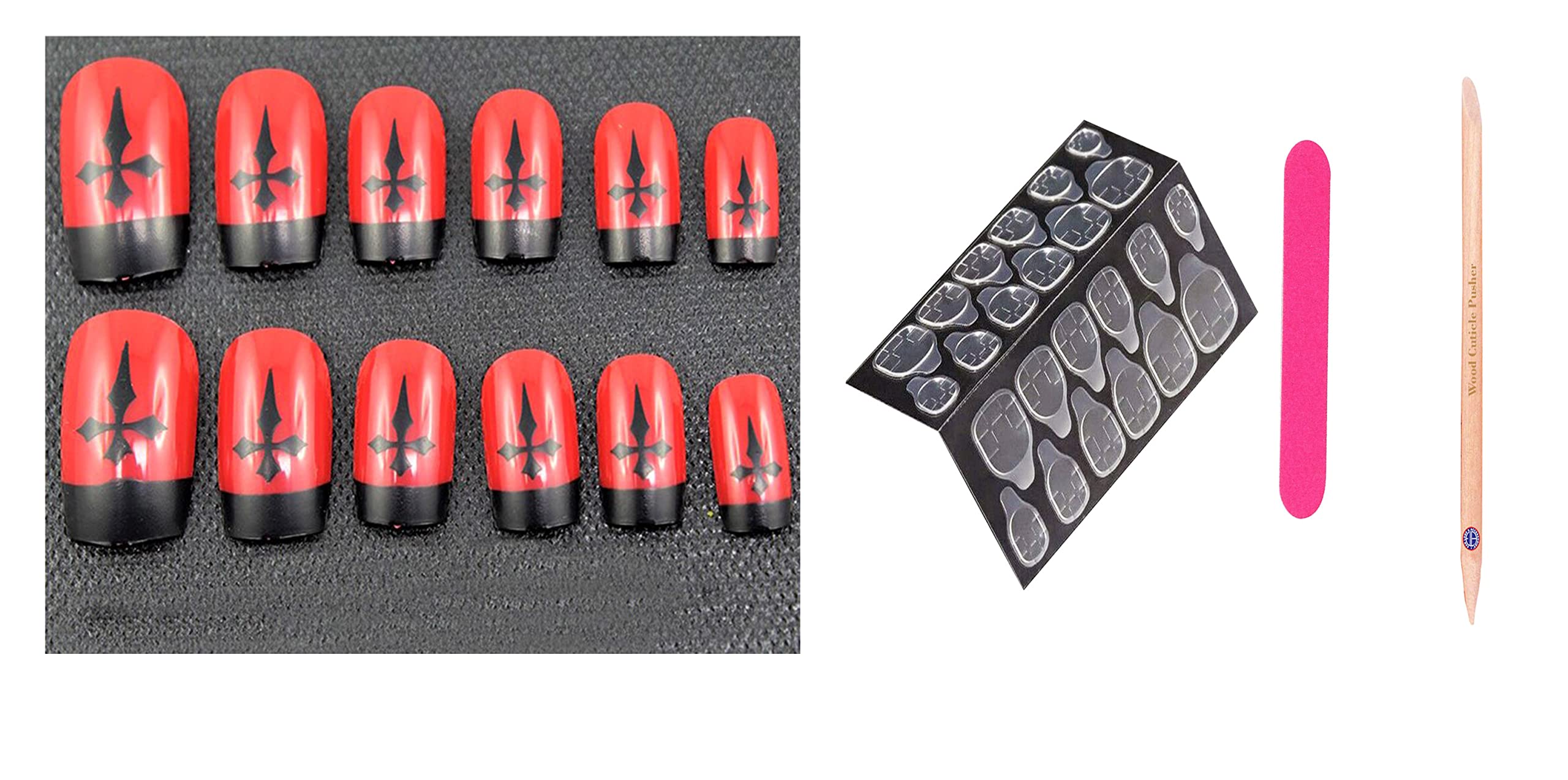 ELA A2(11) Fancy Nails & Accessories Kit - 12pc Press on Nails, 24pc Nail Glue Tabs, Mini Nail Filer & Cuticle Pusher Stick - Perfect for Home Manicure, DIY Nail Art & Party Looks