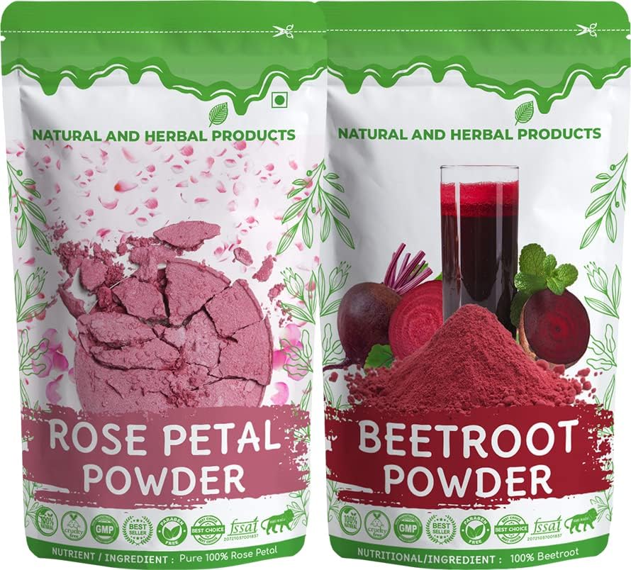 Organic Rose Petal Powder & Beetroot Powder Combo - Pure Natural Herbal Supplement for Skin, Hair Growth & Lips Care | Dark Circle & Pimple Treatment | Perfect for Smoothies, Juices & DIY Beauty Recipes