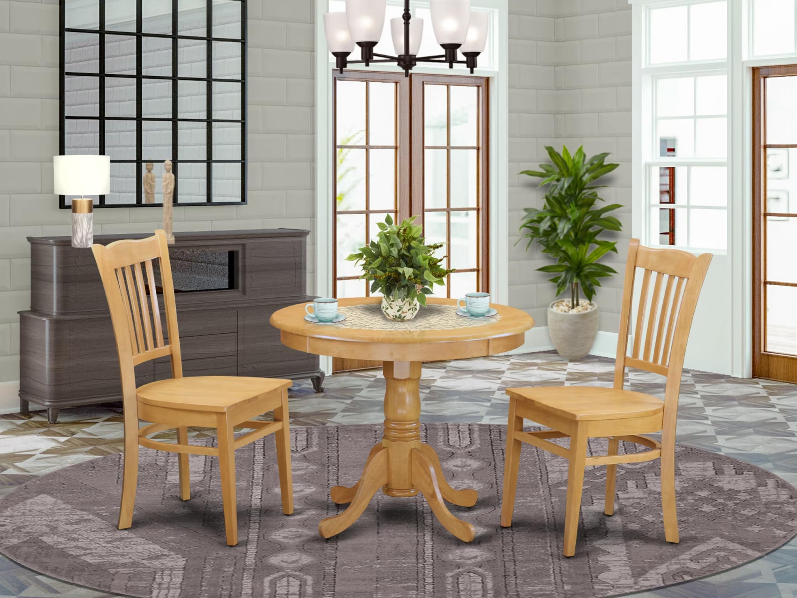 East West Furniture 3 Piece Kitchen Table & Chairs Set - 36 Inch Round Dining Table with Pedestal Base & 2 Matching Chairs - Solid Oak Wood - Perfect for Small Kitchens, Breakfast Nooks & Cozy Dining Spaces
