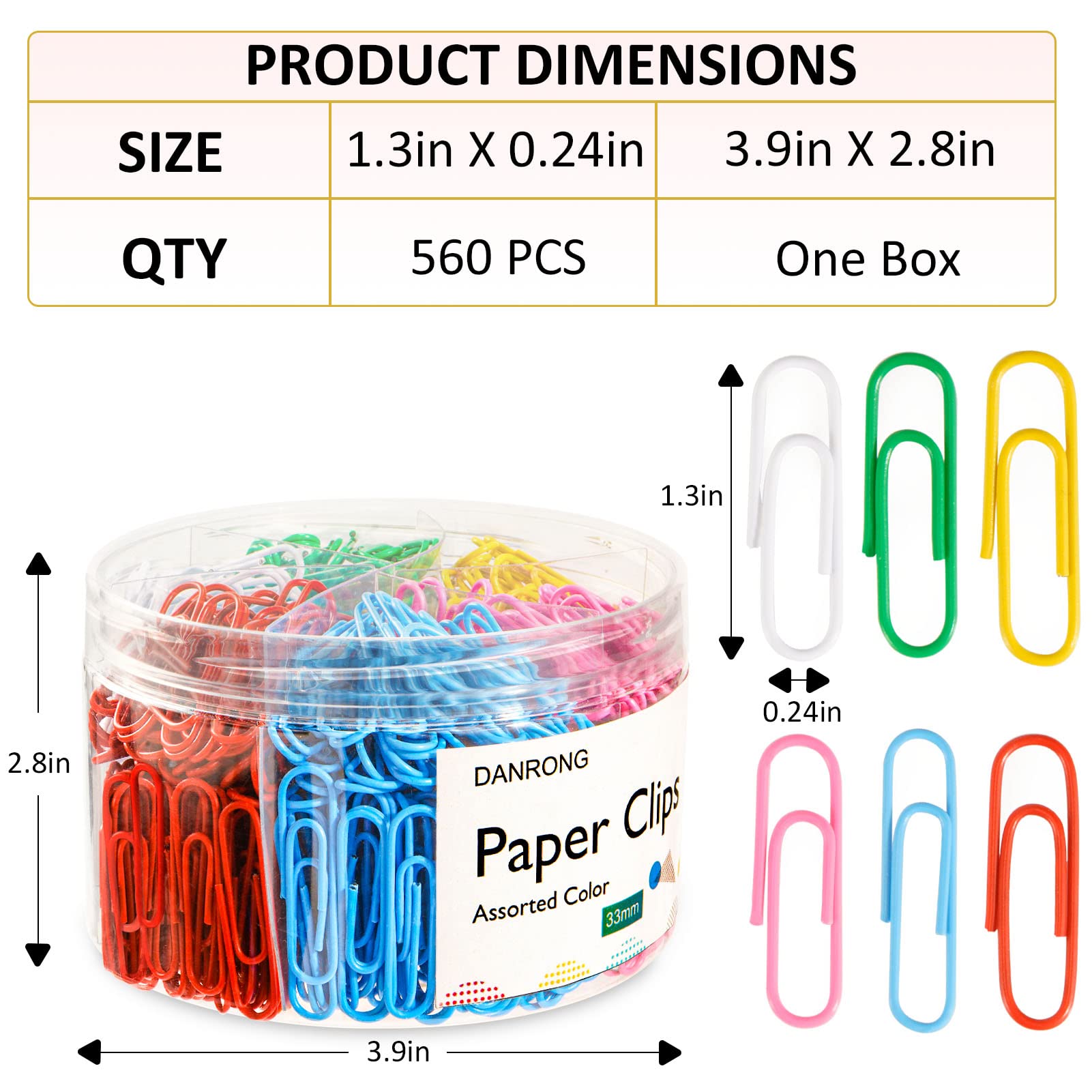 560 Pcs Colorful Paper Clips - 1.3 Inch (33mm) Medium Size Bulk Office & School Supplies - Perfect for Organizing Documents, Notebooks, and Craft Projects