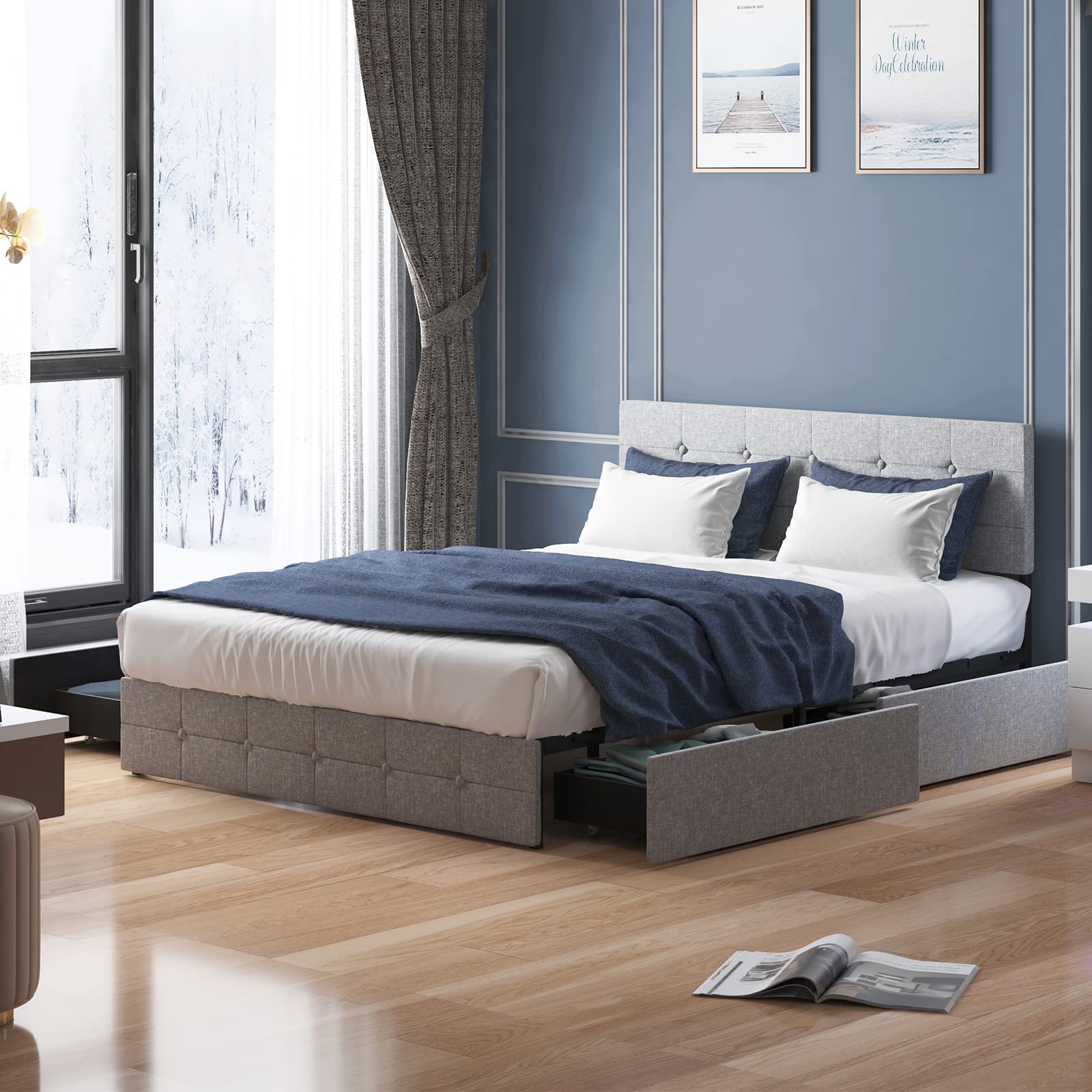 Mjkone Upholstered Queen Size Platform Bed Frame with 4 Storage Drawers & Button Tufted Headboard - Wood Slat Support, No Box Spring Needed (Light Grey) - Perfect for Small Bedrooms, Guest Rooms & Modern Apartments
