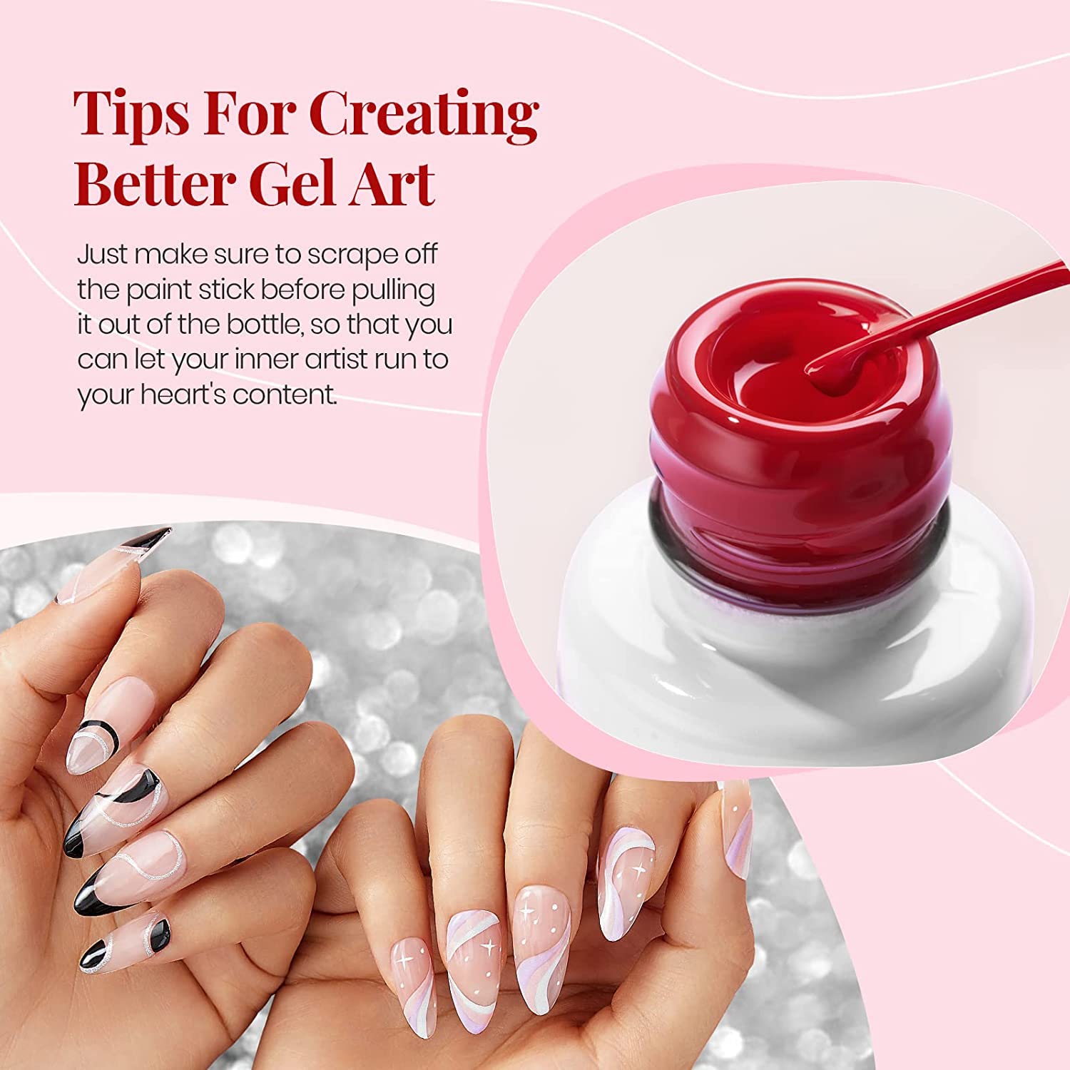 Vishine 6 Colors Gel Nail Polish Set - White, Black, Pink, Glitter, Silver, Gold Soak Off UV LED Nail Art Liner with Built-in Thin Brush for DIY Nail Designs (8ml) | Perfect for Salon, Home Manicure & Nail Art Enthusiasts