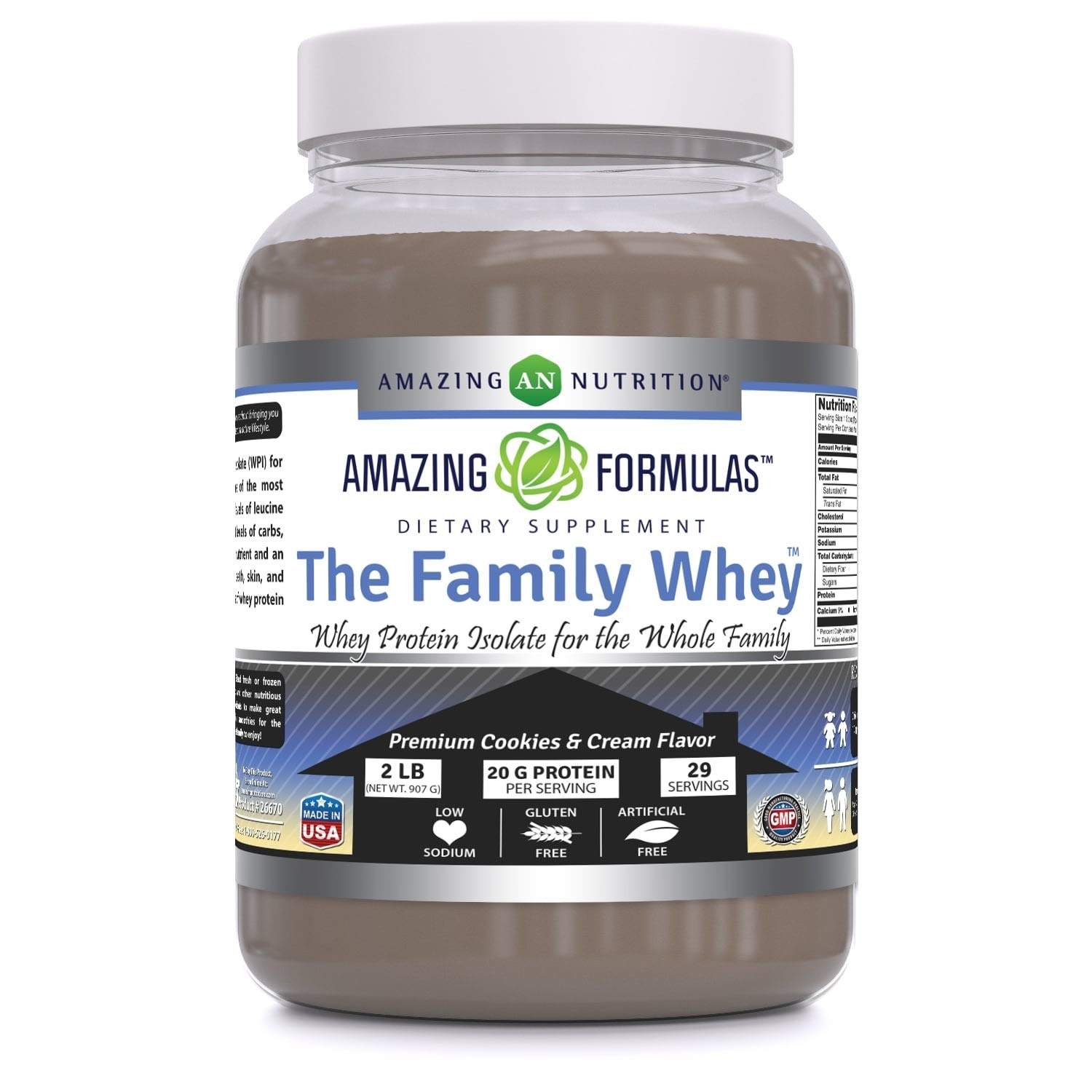 Amazing Formulas The Family Whey Protein Isolate Powder - 2 lbs - Gluten Free, Cookie & Cream Flavor - Pure & Complete Protein for Muscle Recovery, Weight Management & Family Nutrition - Perfect for Smoothies, Baking & Post-Workout Shakes