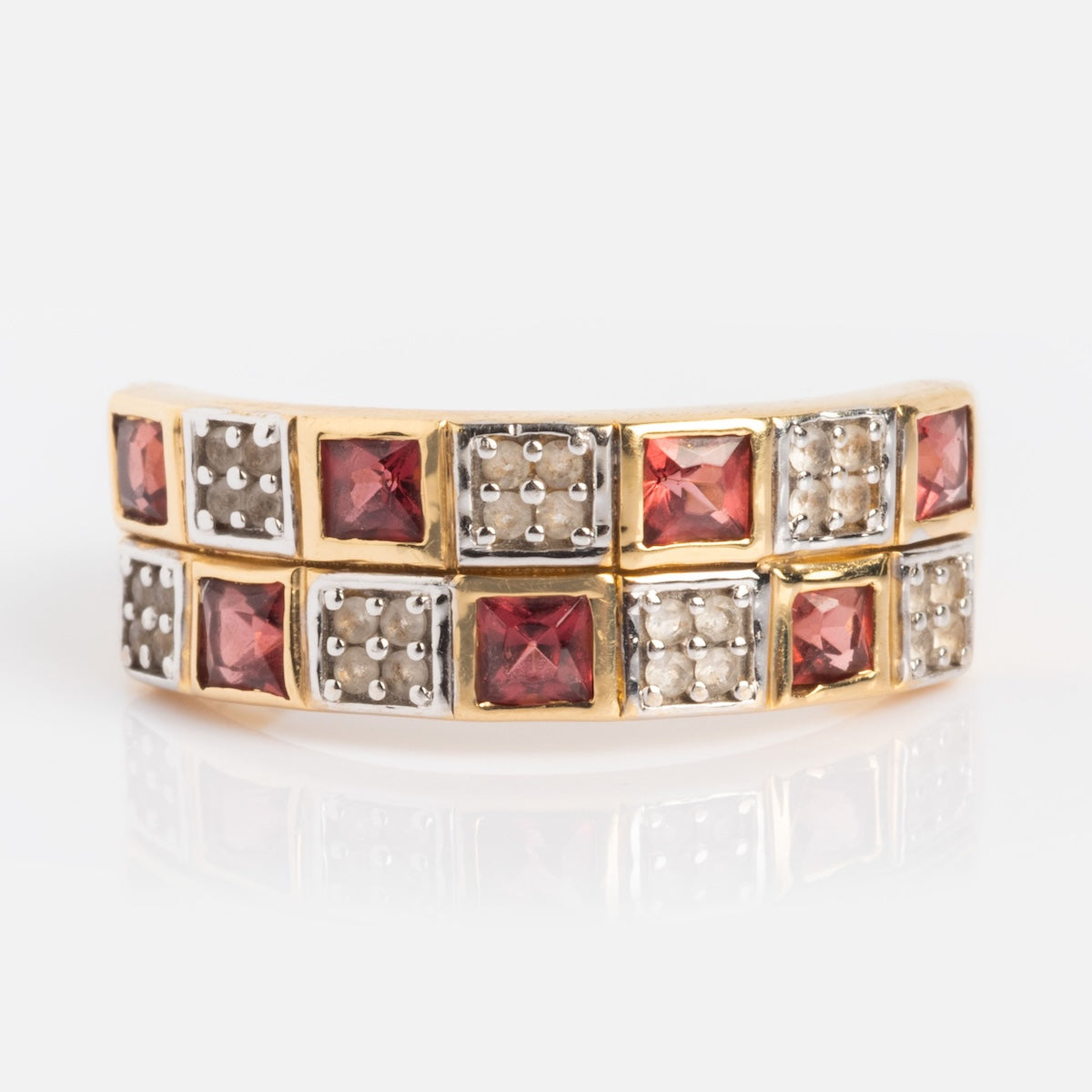 Solid Gold Garnet and Topaz Checkerboard Band Ring – Elegant Vintage Style Jewelry for Women, Perfect for Weddings, Anniversaries & Special Occasions
