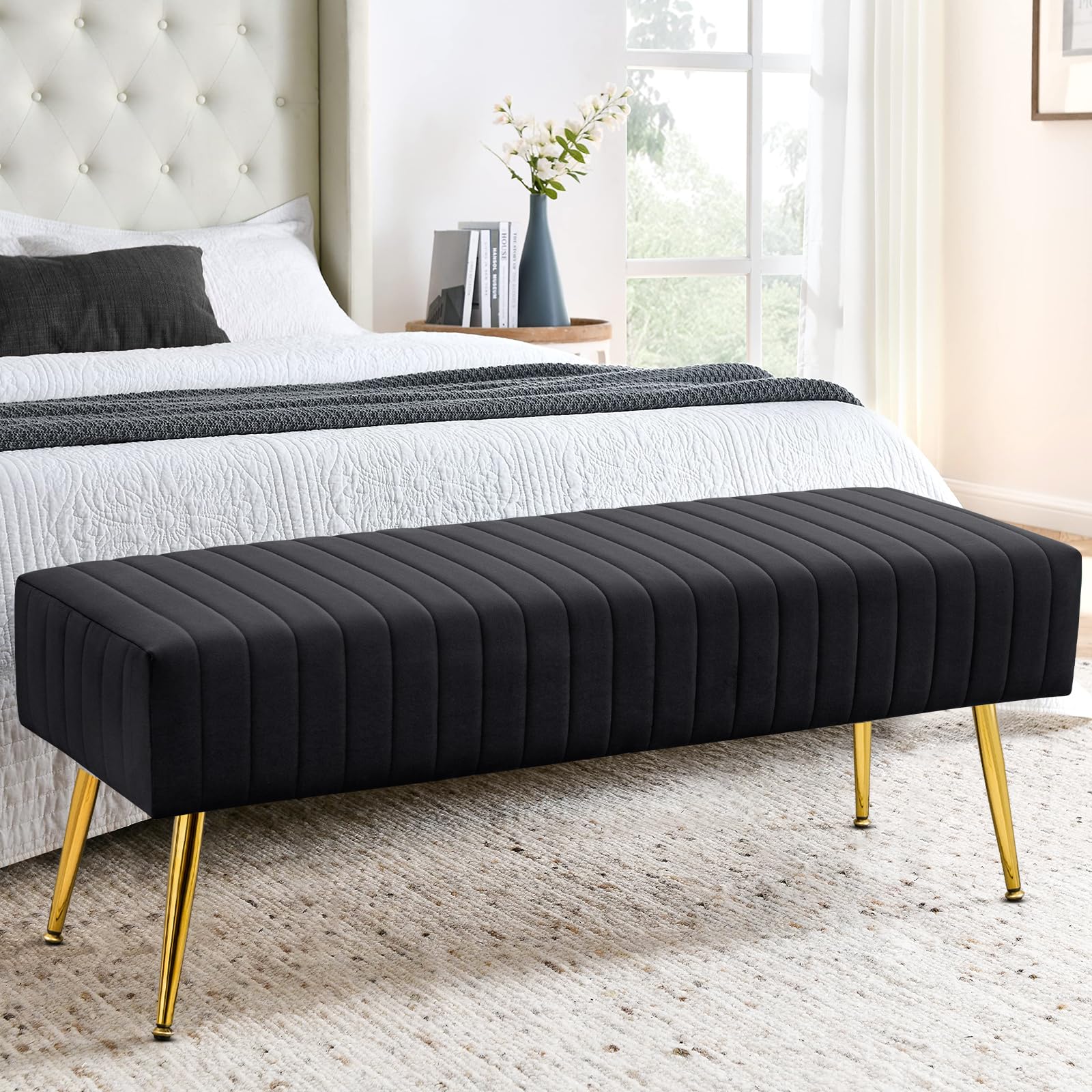 Furniliving 44 Inch Upholstered Tufted Striped Fabric Ottoman Bench with X-Shaped Metal Legs - Solid Wood Bedroom Bench for Living Room, Entryway, Foyer - Perfect for Seating, Storage & Home Decor (Black)