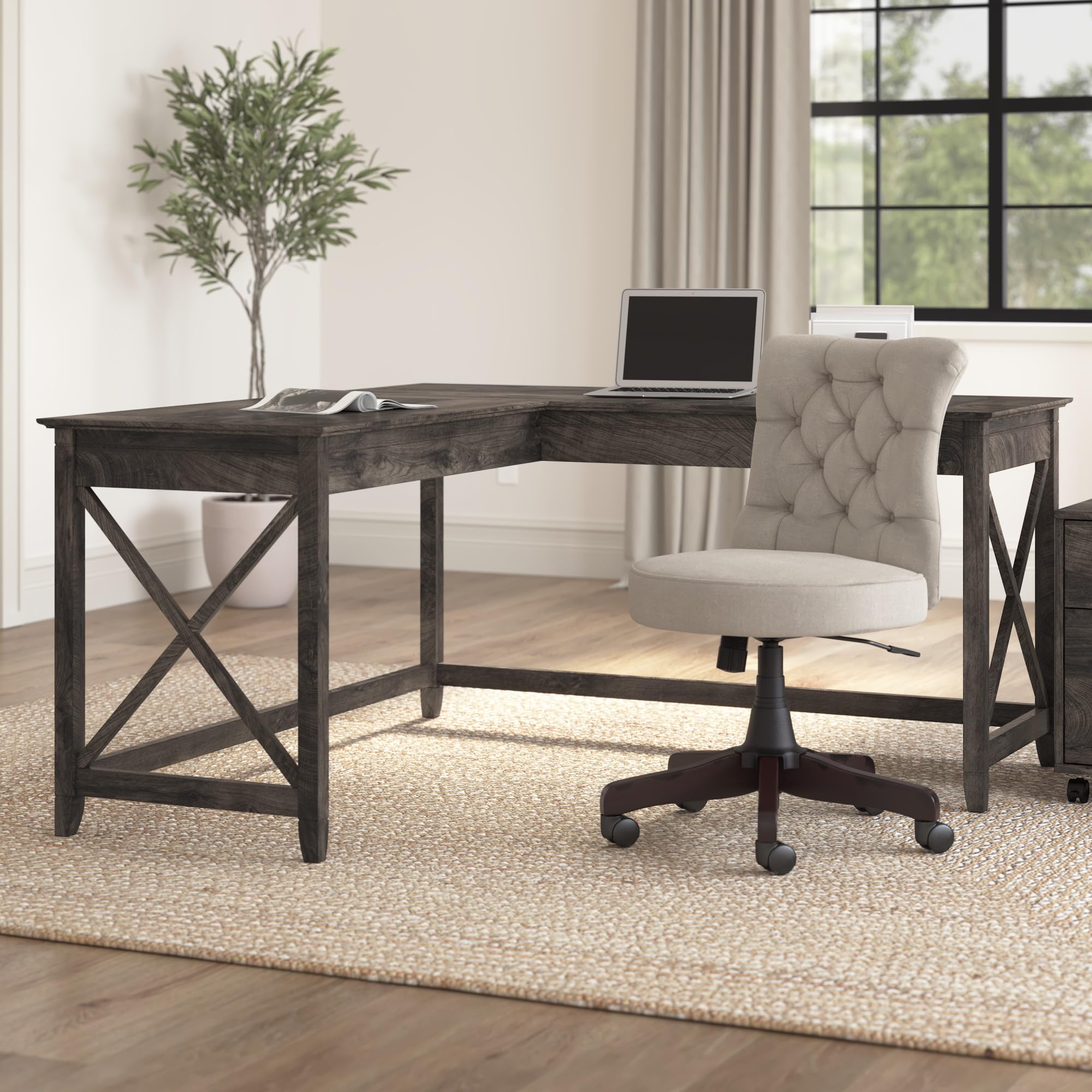Bush Furniture 60-inch L-Shaped Desk - Modern Farmhouse Home Office Desk for Work & Study